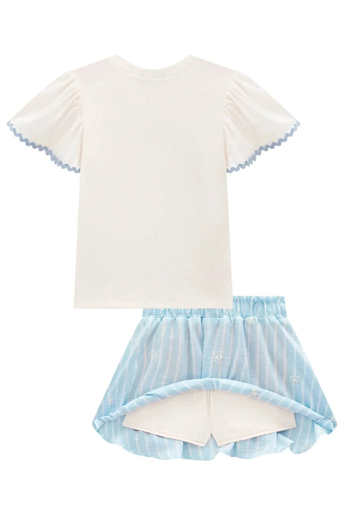 Conjunto de Blusa em Canelado e Tricoline e Saia em Tecido Listrado. Com Shorts Embutido 98361 Infanti Infantil Menina