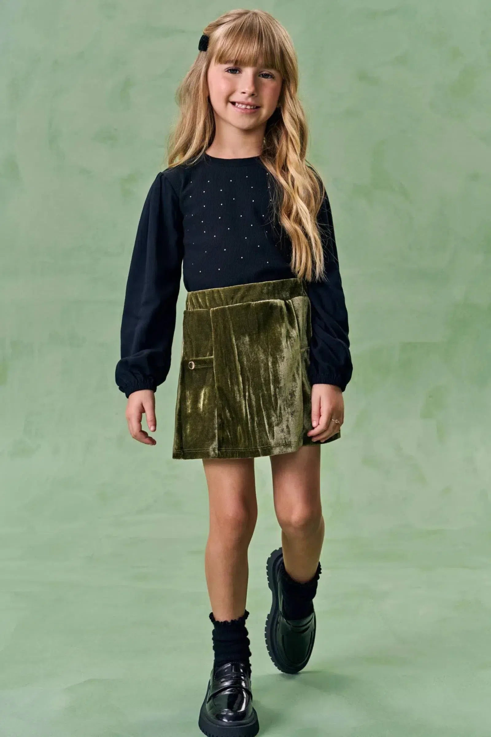 Conjunto de Blusa em Canelado e Viscose com Short Saia em Veludo Velvet 80896 Infanti Infantil Menina