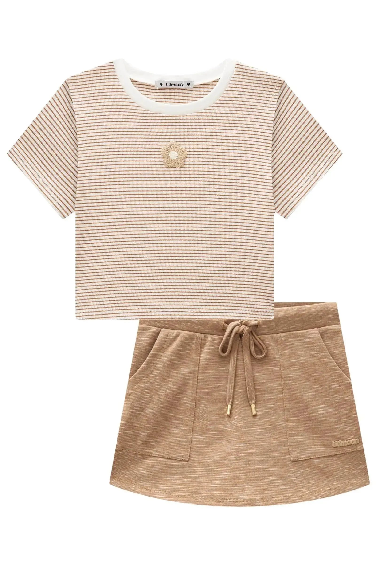 Conjunto de Blusa em Canelado Listrado e Short Saia em Malha Mesclada 98671 Lilimoon Teen Menina
