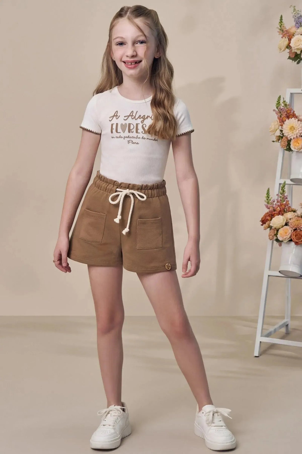 Conjunto de Blusa em Canelado Liz com Shorts em Moletom sem Pelúcia 99166 Infanti Infantil Menina