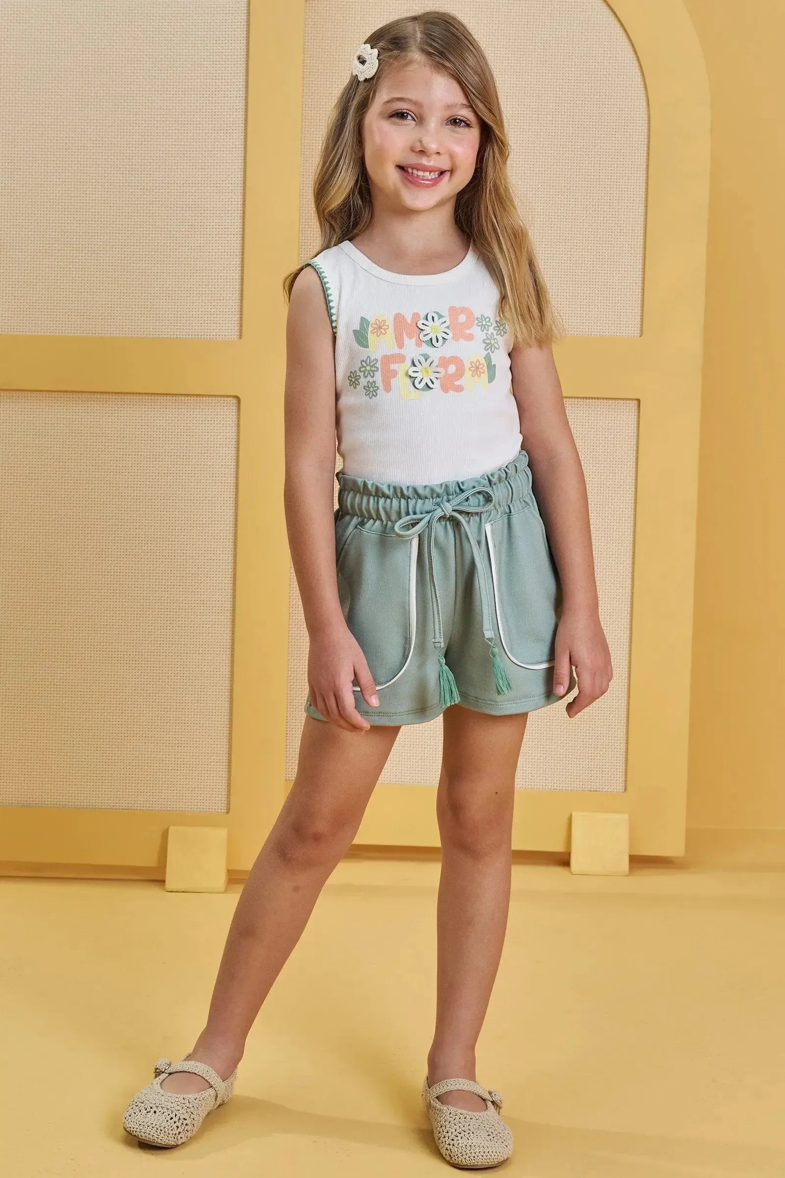 Conjunto de Blusa em Canelado Liz com Shorts em Molevisco 85152 Infanti Infantil Menina