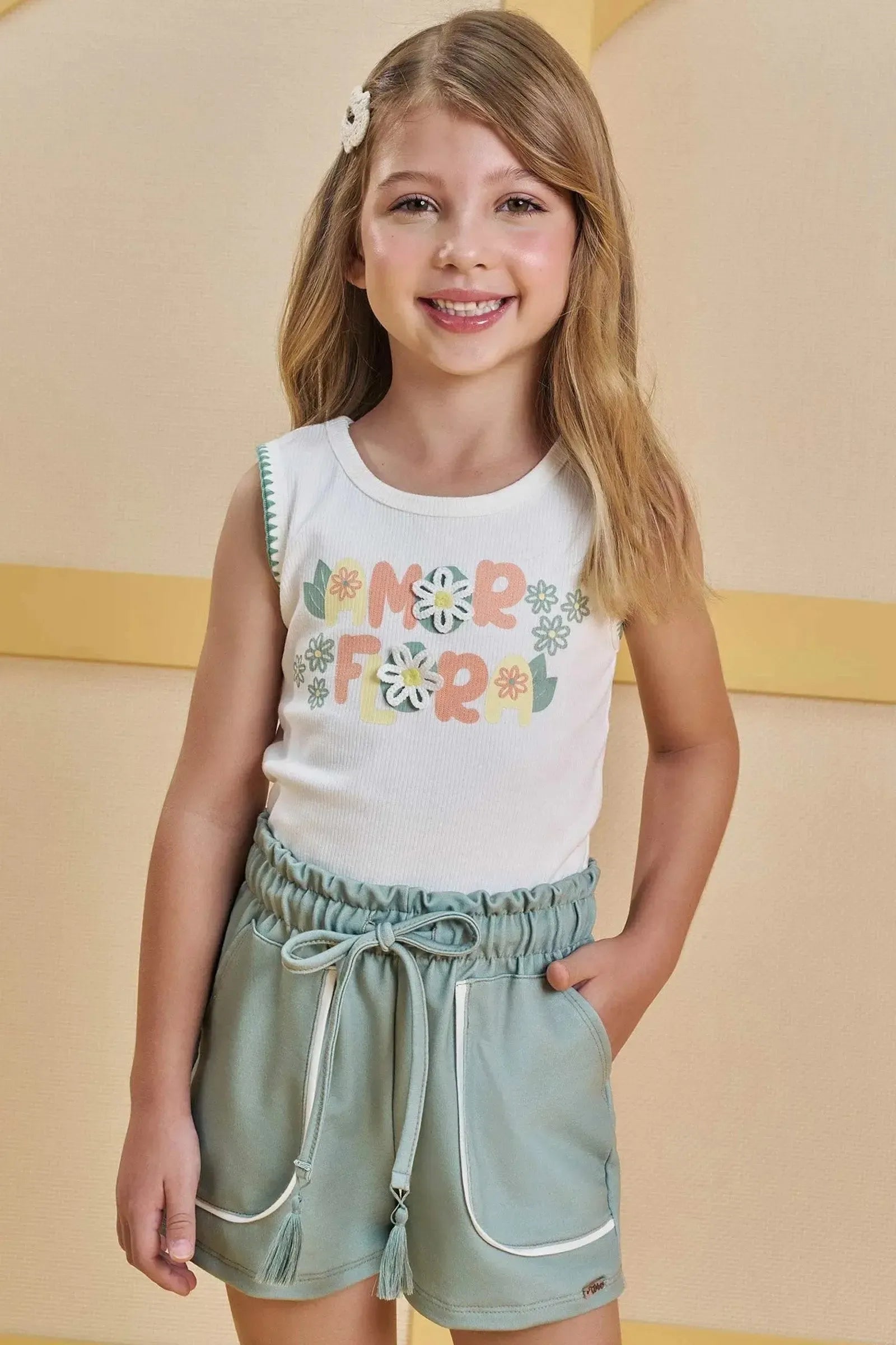 Conjunto de Blusa em Canelado Liz com Shorts em Molevisco 85152 Infanti Infantil Menina