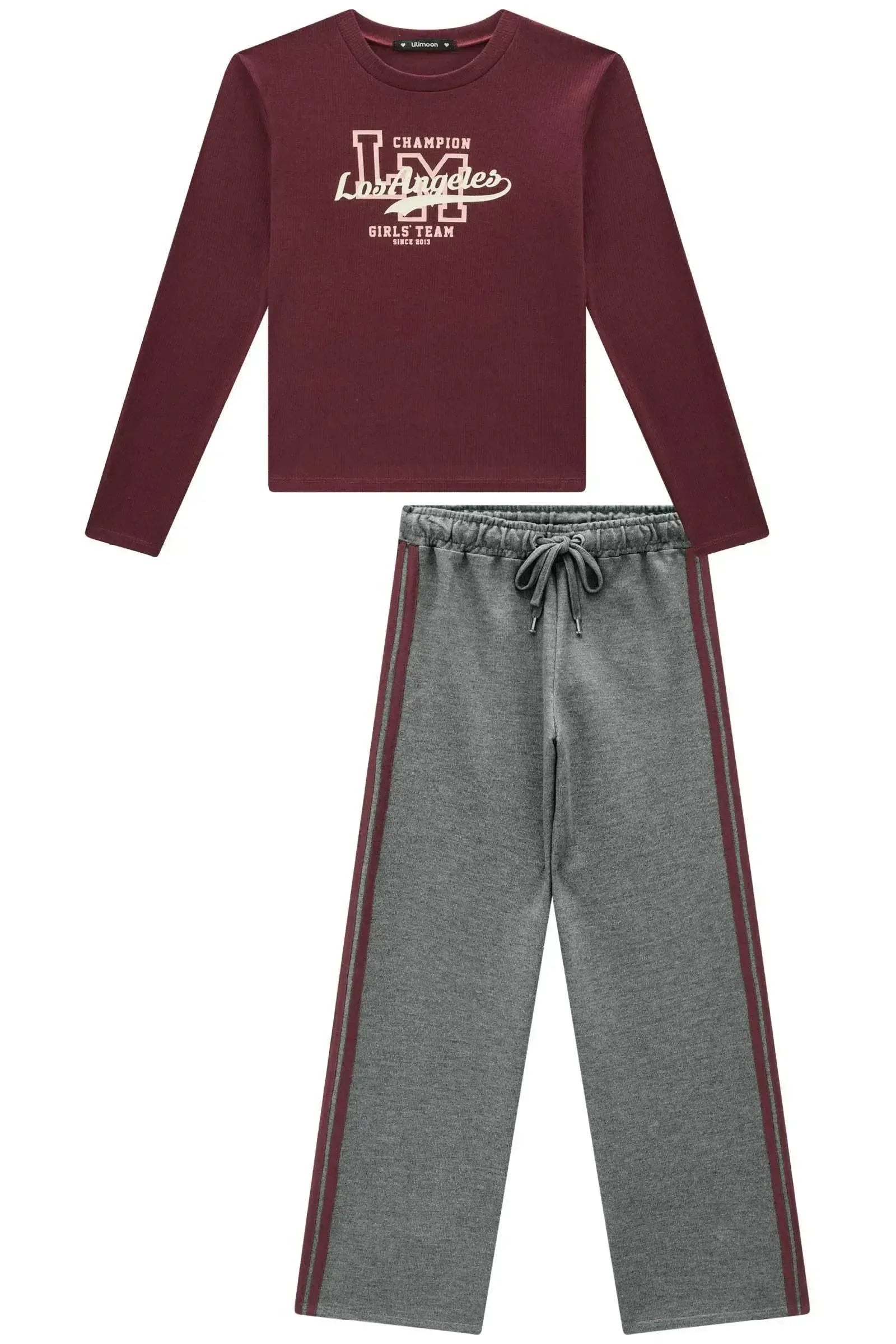 Conjunto de Blusa em Canelado Liz e Calça Wide Leg em Moletom sem Pelúcia 92198 Lilimoon Teen Menina