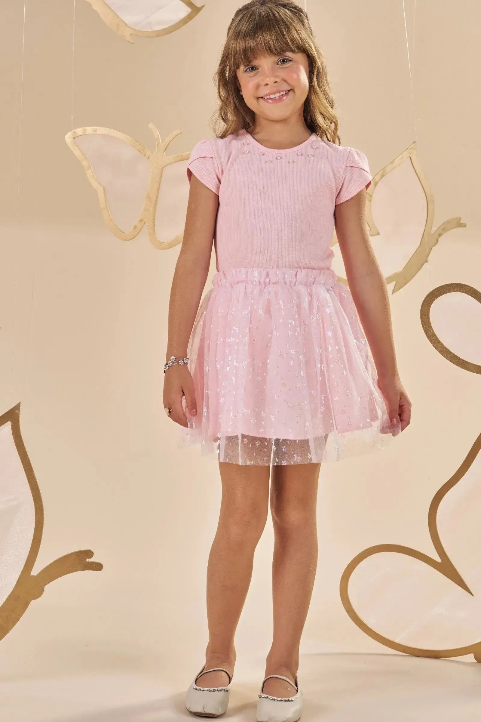 Conjunto de Blusa em Canelado Liz e Saia em Tule Borboleta com Shorts Embutido 87405 Infanti Infantil Menina