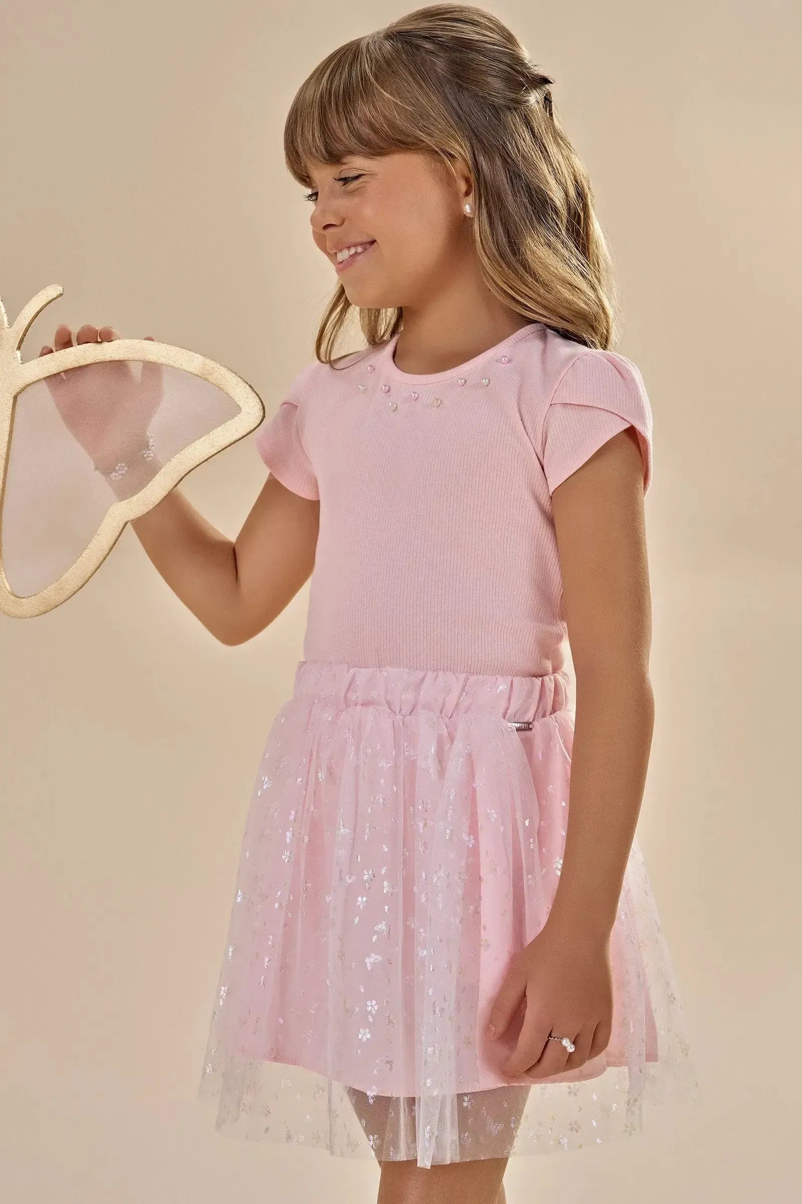 Conjunto de Blusa em Canelado Liz e Saia em Tule Borboleta com Shorts Embutido 87405 Infanti Infantil Menina