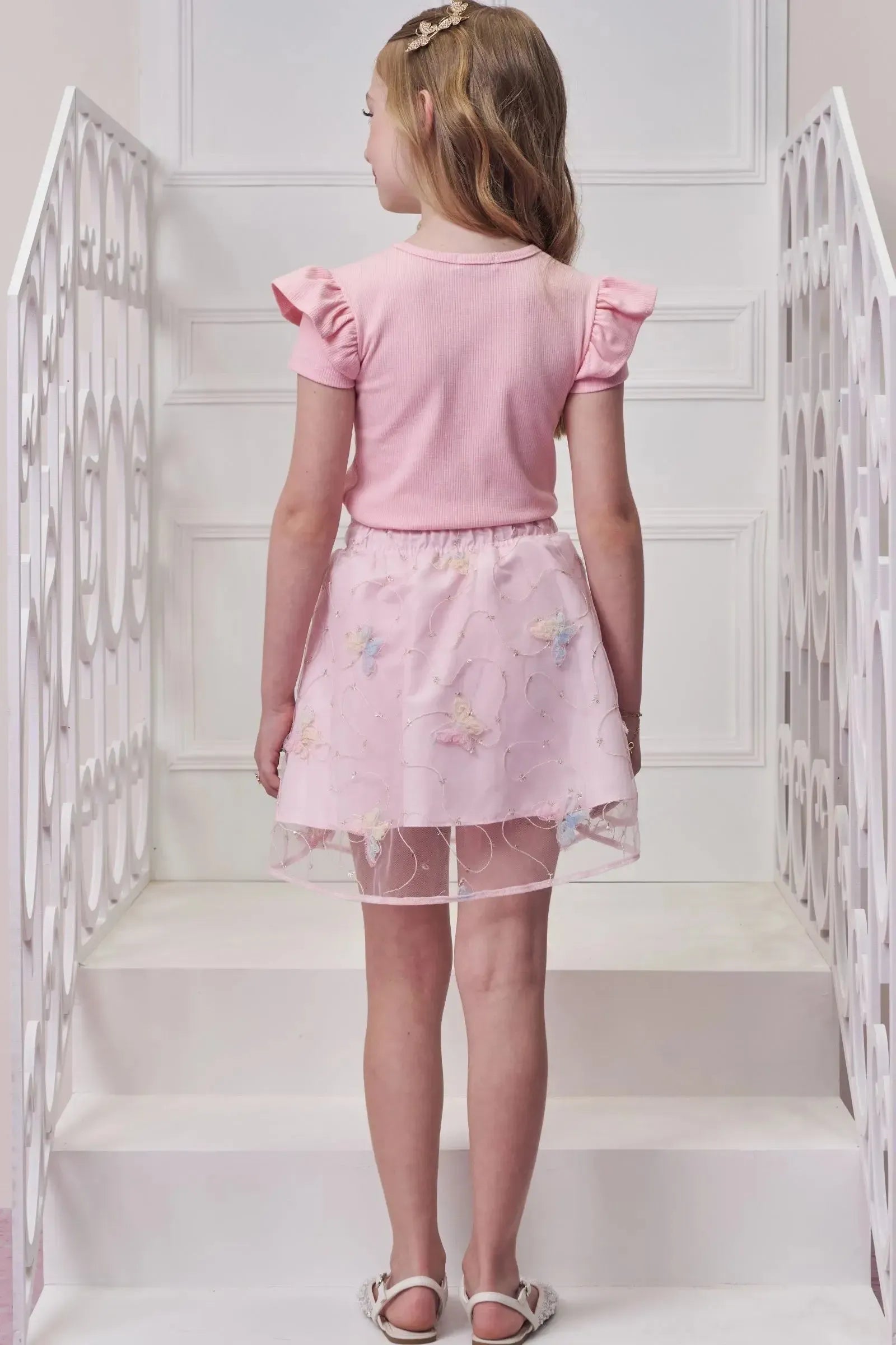 Conjunto de Blusa em Canelado Liz e Saia em Tule Bordado Borboletas. Com Short Embutido 98897 Infanti Infantil Menina