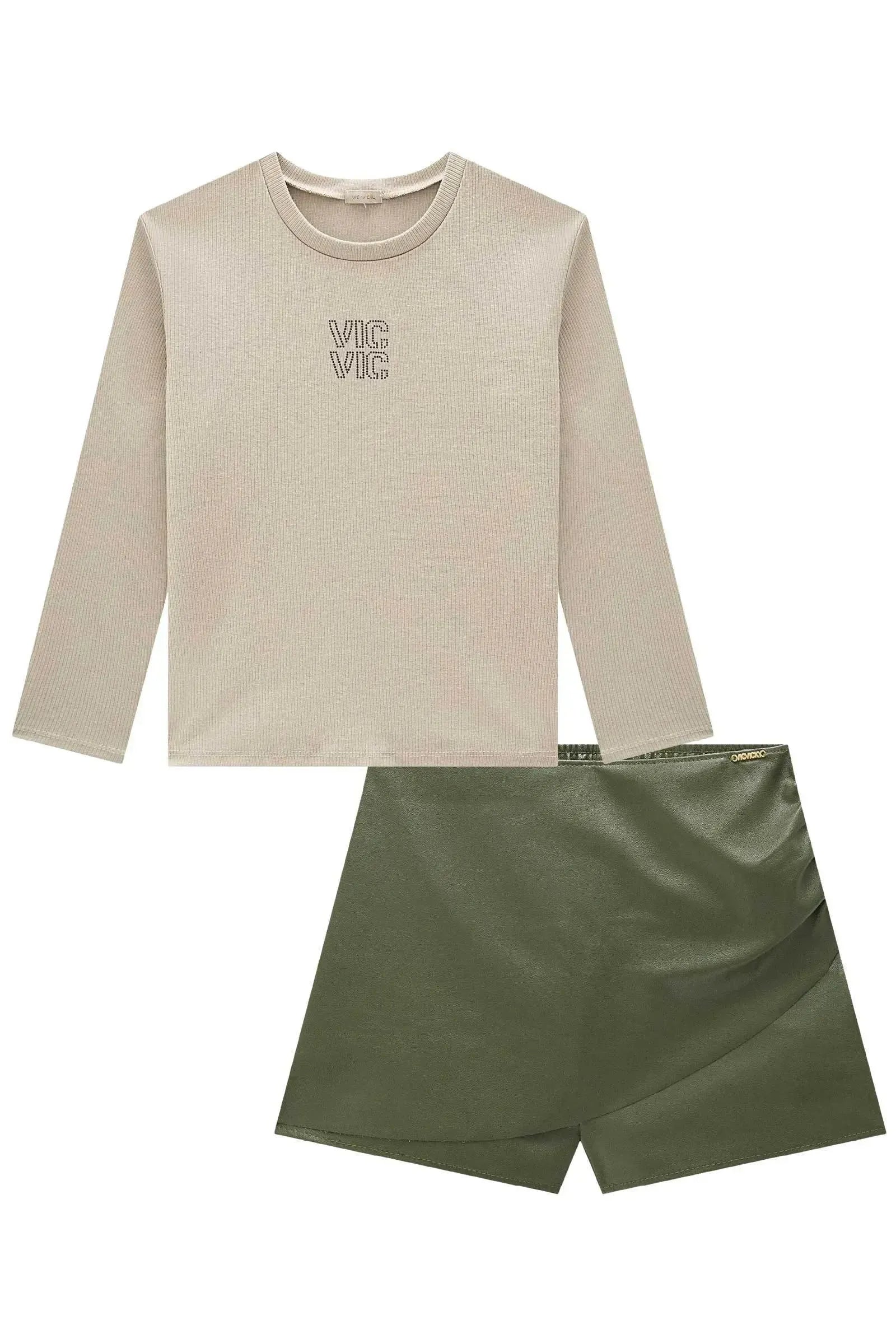 Conjunto de Blusa em Canelado Liz e Short Saia em Couro Sintético 89701 Vic&Vicky Teen Menina