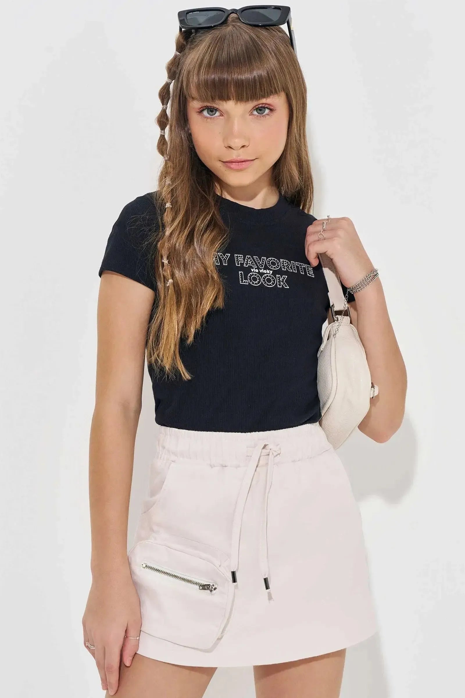 Conjunto de Blusa em Canelado Liz e Short Saia em Sarja com Elastano 83923 Vic&Vicky Teen Menina