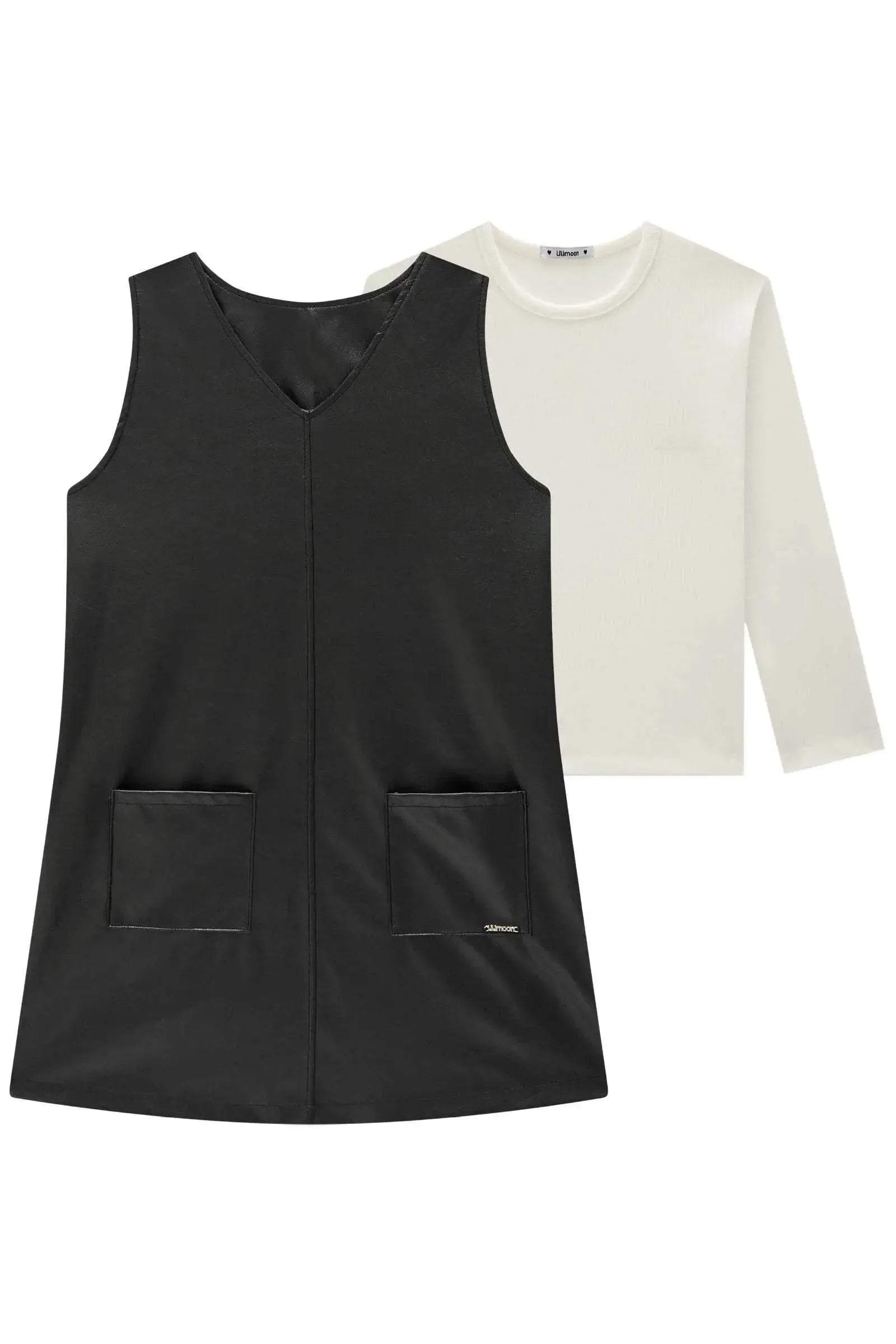 Conjunto de Blusa em Canelado Liz e Vestido em Couro Sintético 89511 Lilimoon Teen Menina