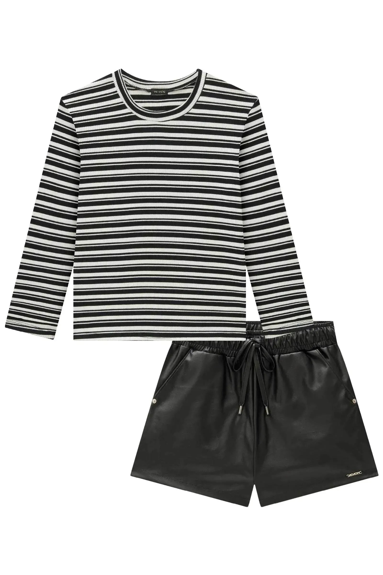 Conjunto de Blusa em Canelado Luna de Viscose e Shorts em Couro Eco 89711 Vic&Vicky Teen Menina