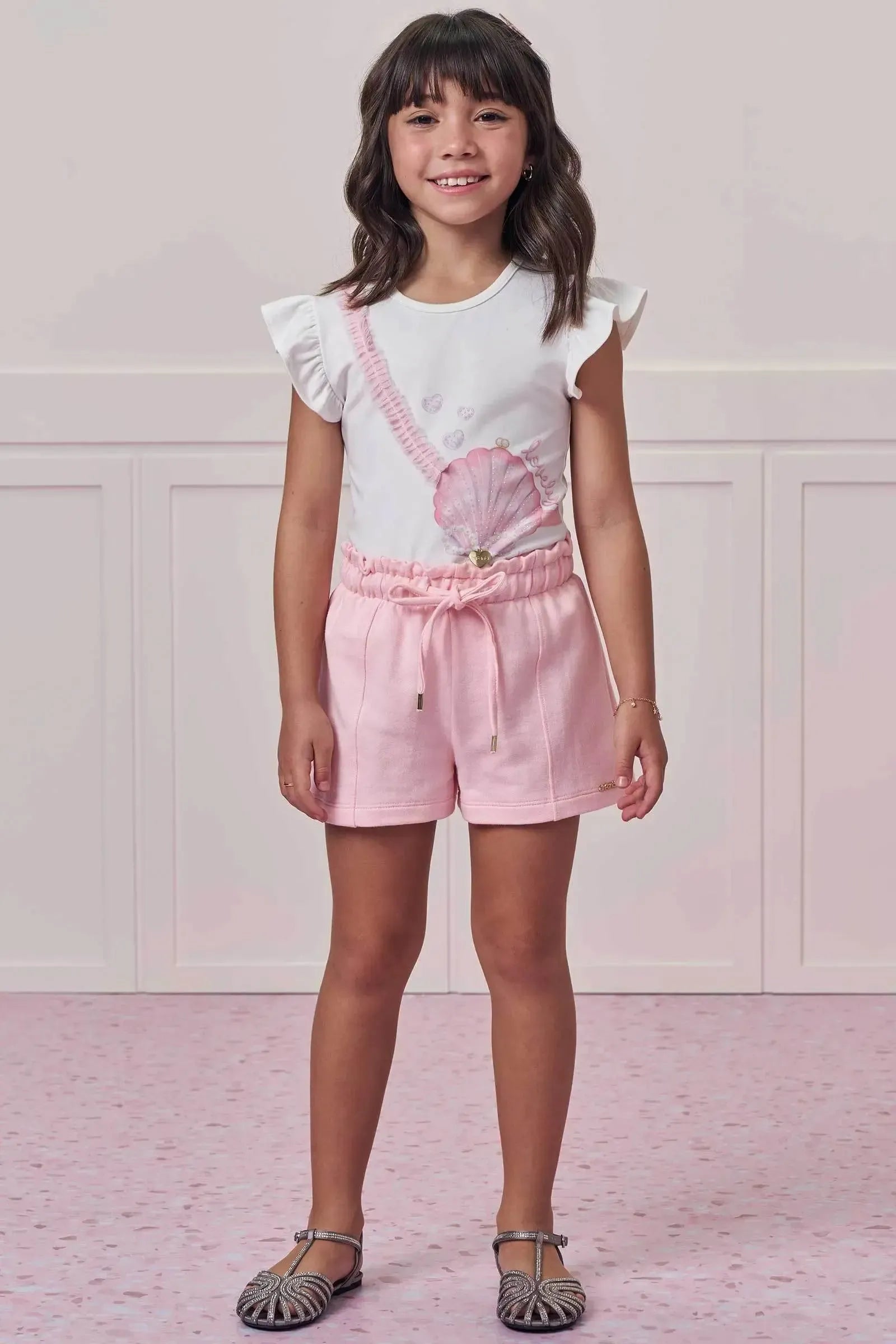 Conjunto de Blusa em Cotton com Shorts em Moletom sem Pelúcia 99400 Infanti Infantil Menina