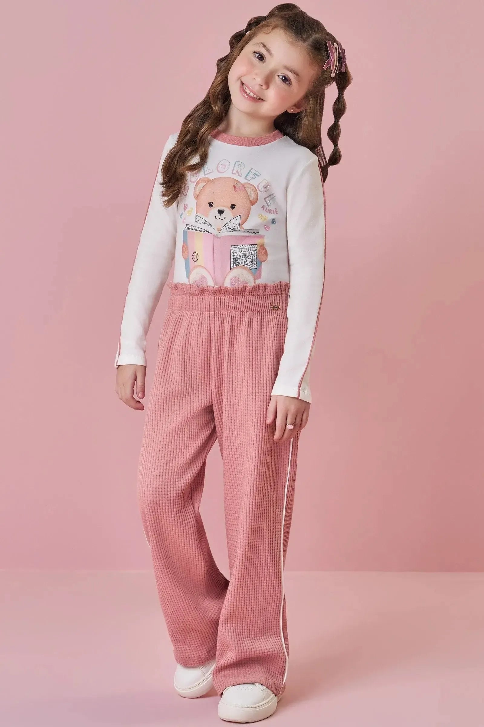 Conjunto de Blusa em Cotton e Calça em Malha Big Waffle 91718 Kukiê Infantil Menina