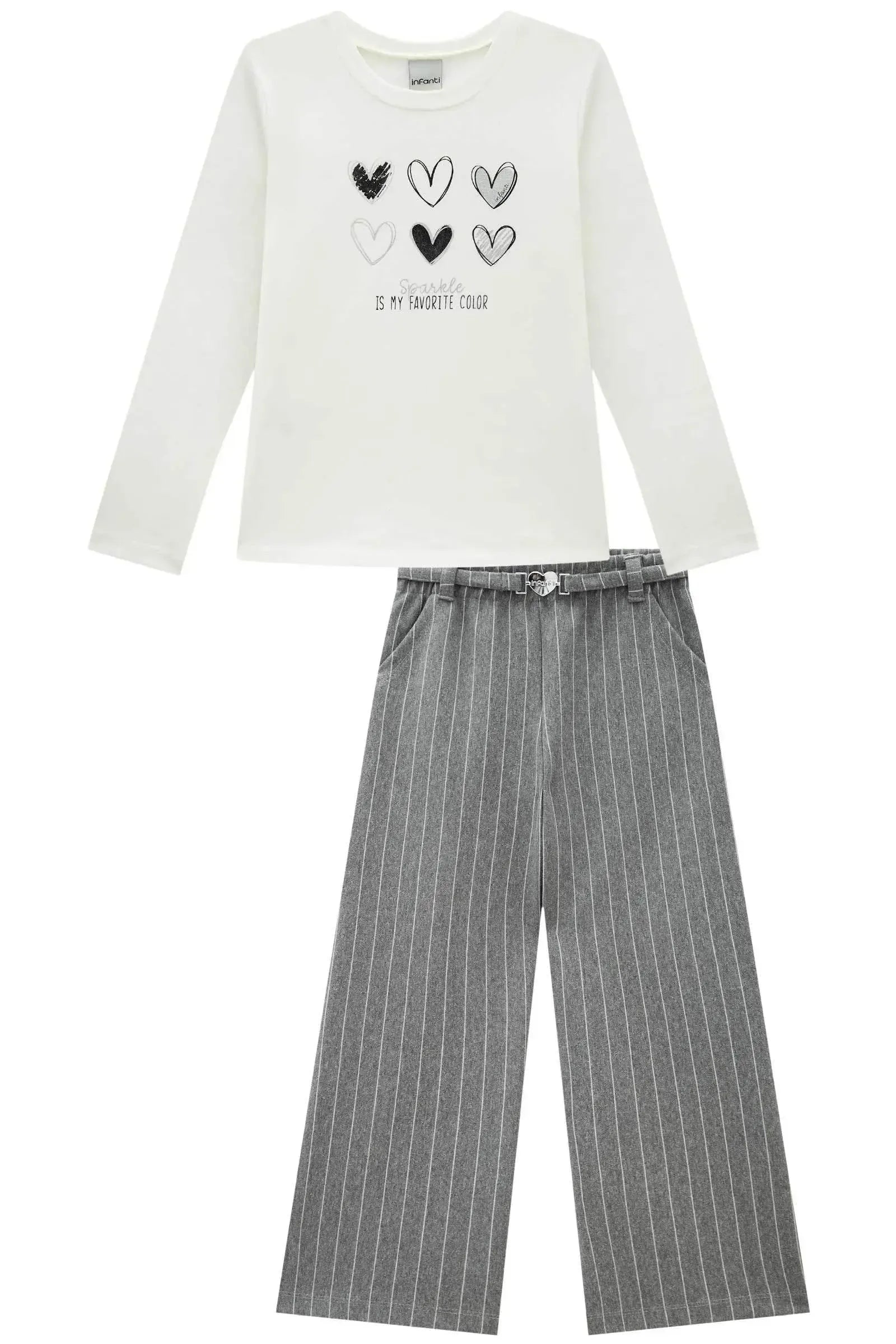 Conjunto de Blusa em Cotton e Calça em Malhão Listrado 90817 Infanti Infantil Menina