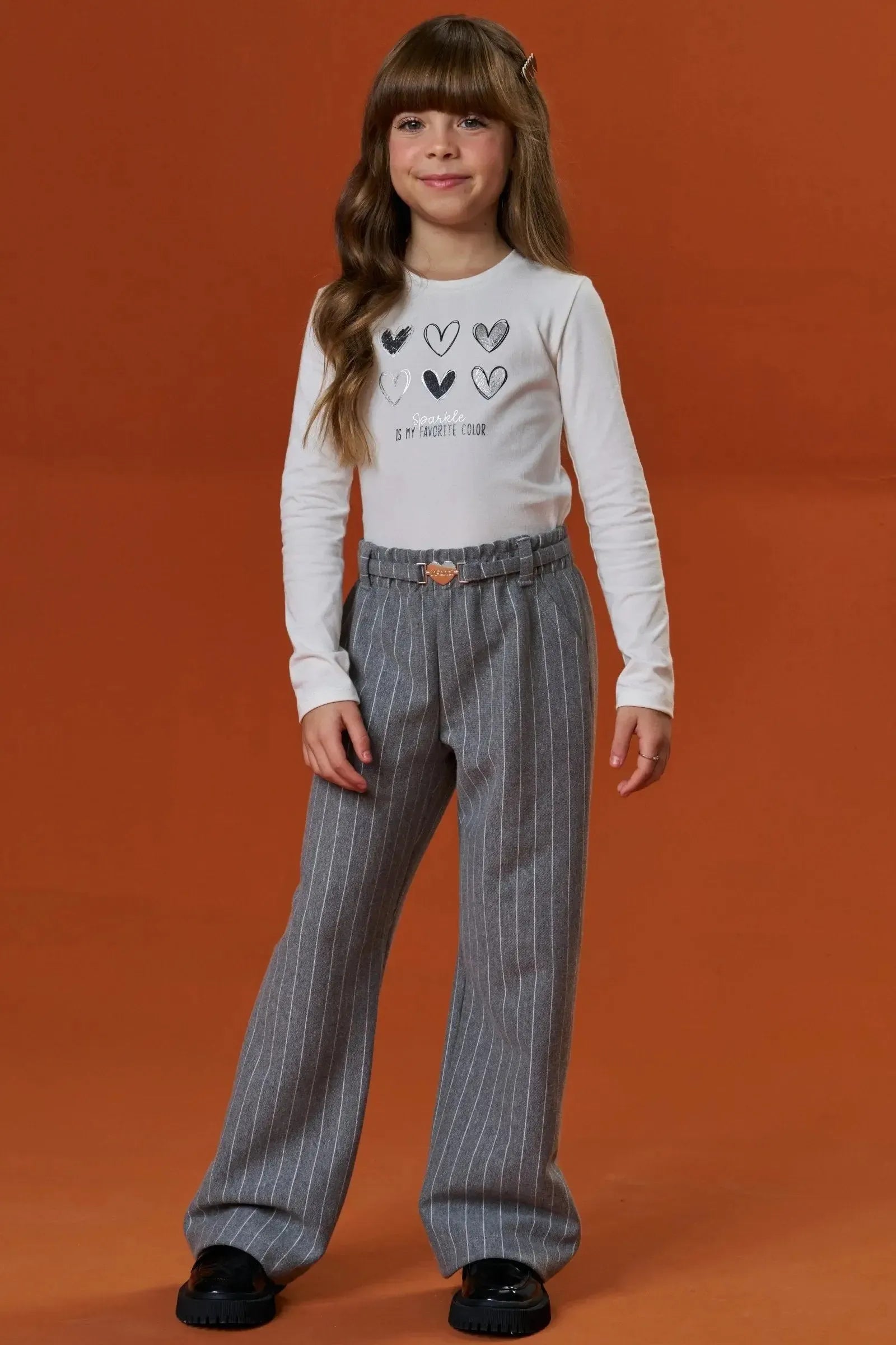 Conjunto de Blusa em Cotton e Calça em Malhão Listrado 90817 Infanti Infantil Menina