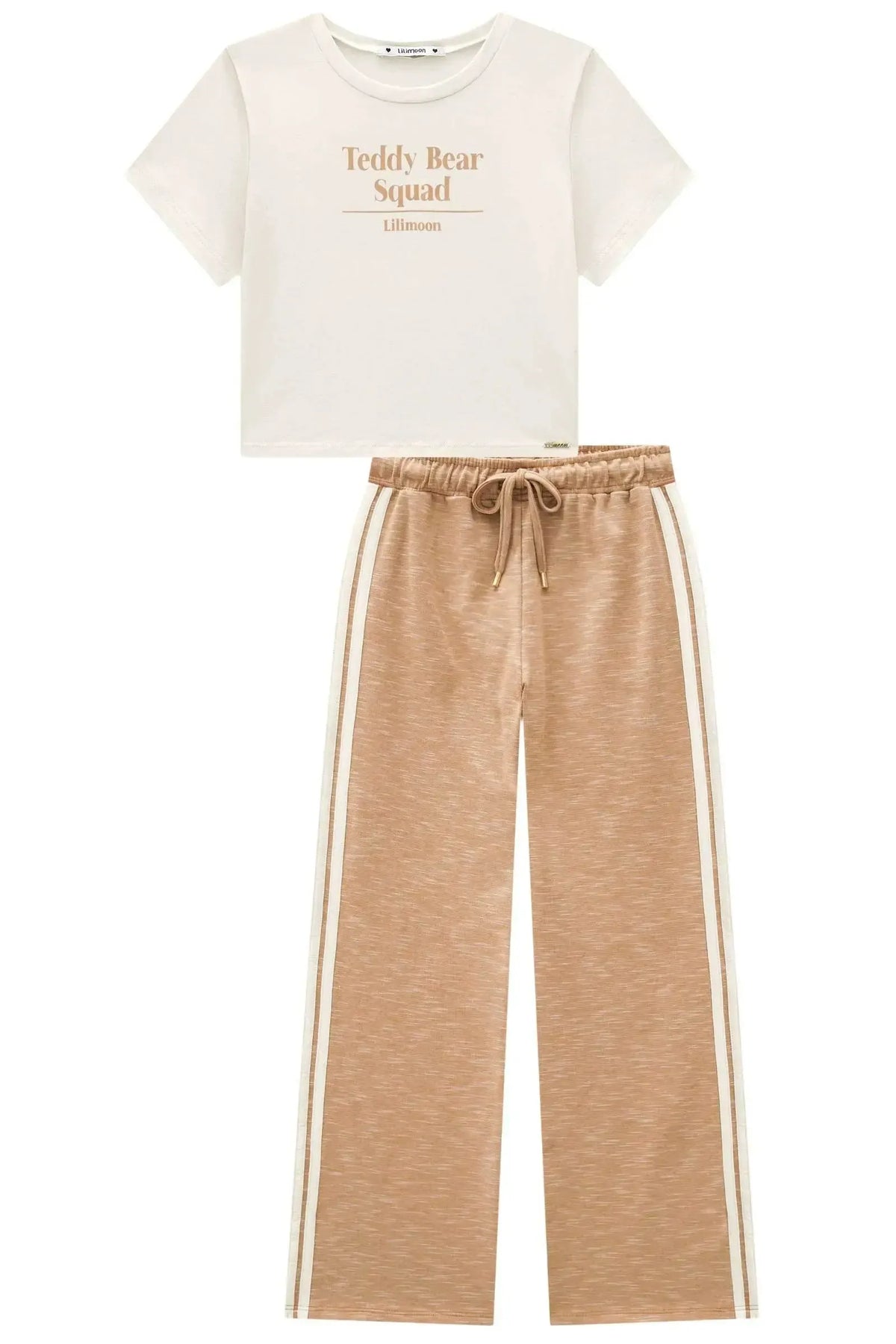 Conjunto de Blusa em Cotton e Calça Wide Leg em Malha Mesclada 98709 Lilimoon Teen Menina