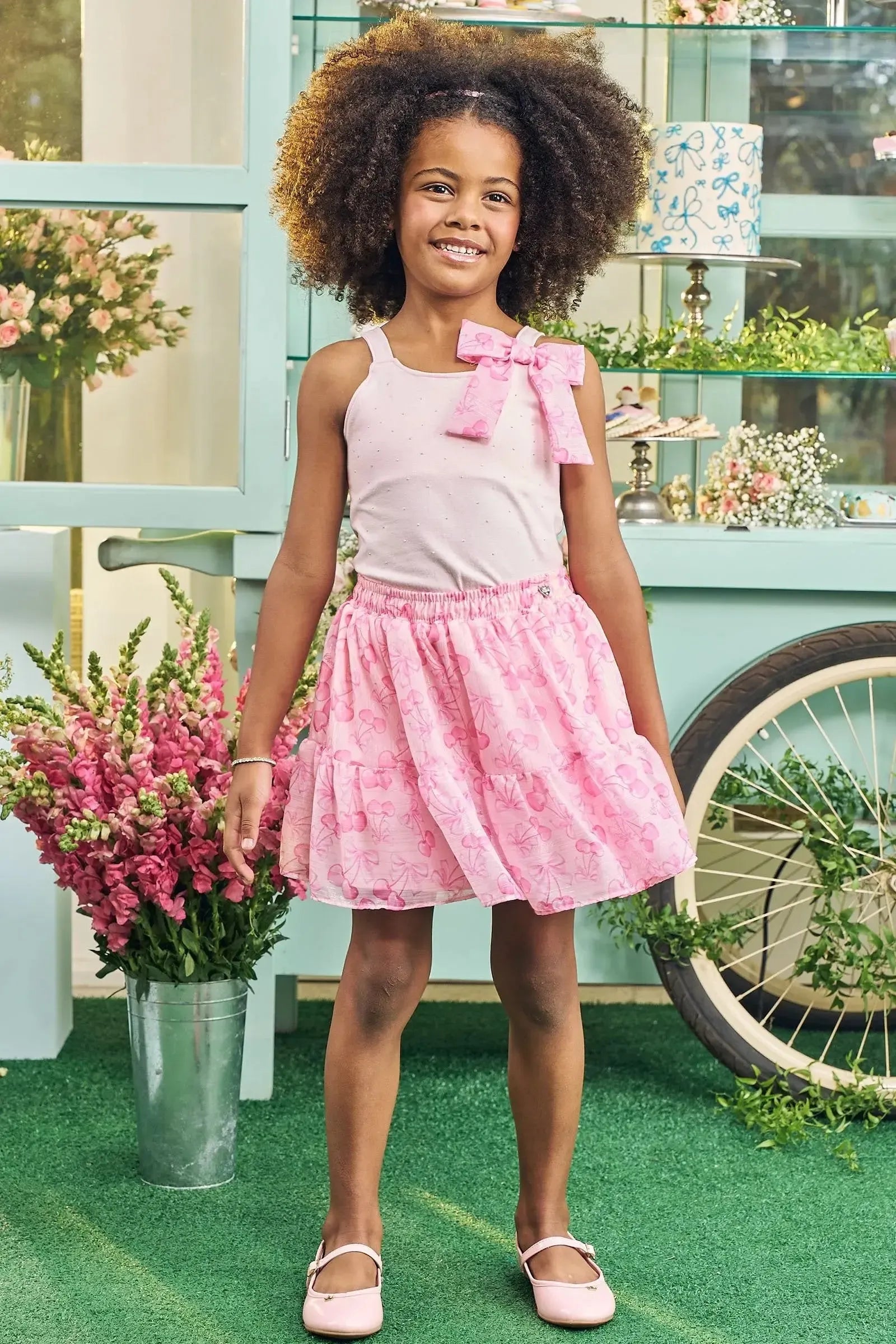 Conjunto de Blusa em Cotton e Saia em Chiffon Brilho 83731 Kukiê Infantil Menina