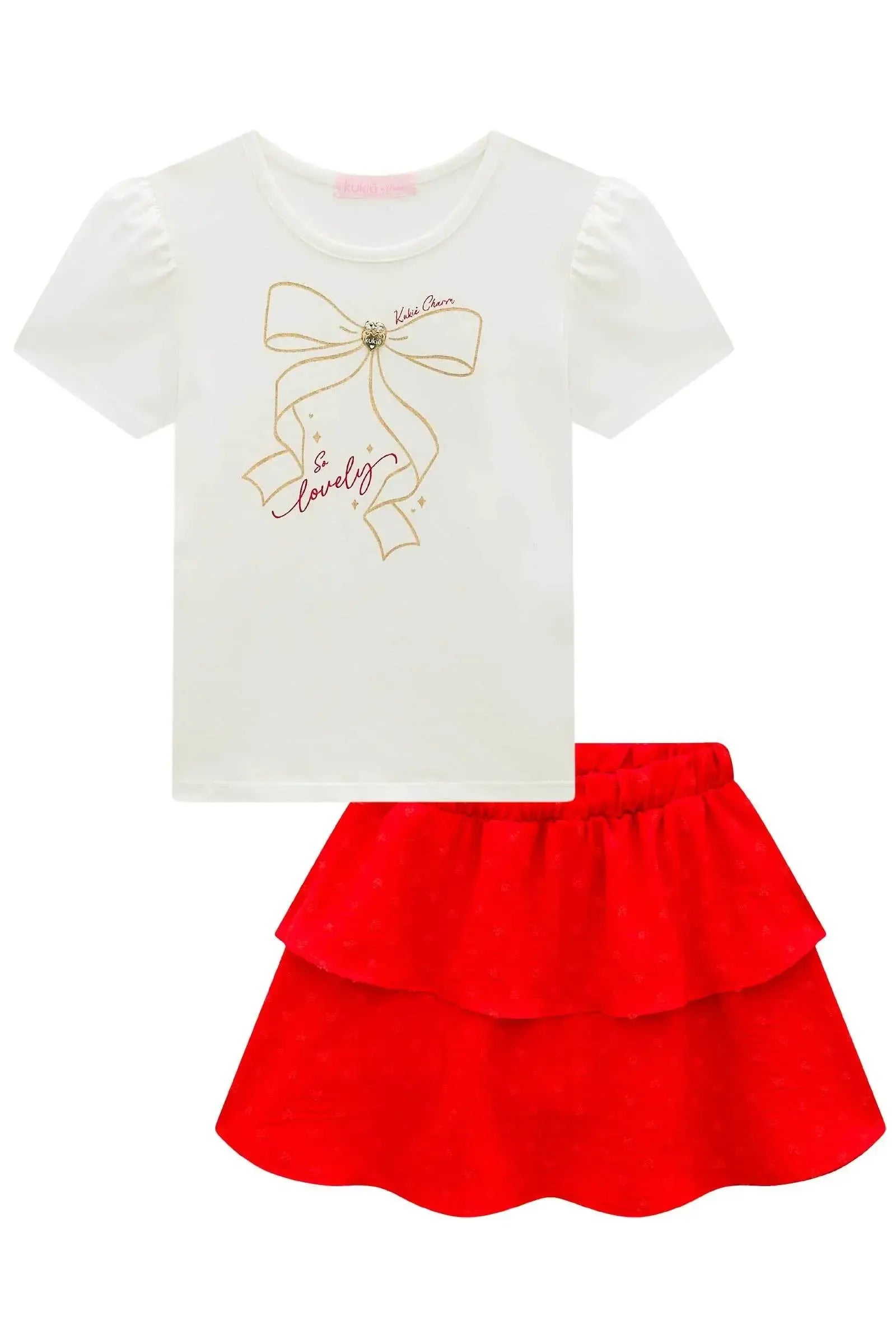 Conjunto de Blusa em Cotton e Saia em Crepe Textura (com Shorts Embutido) 99440 Kukiê Infantil Menina