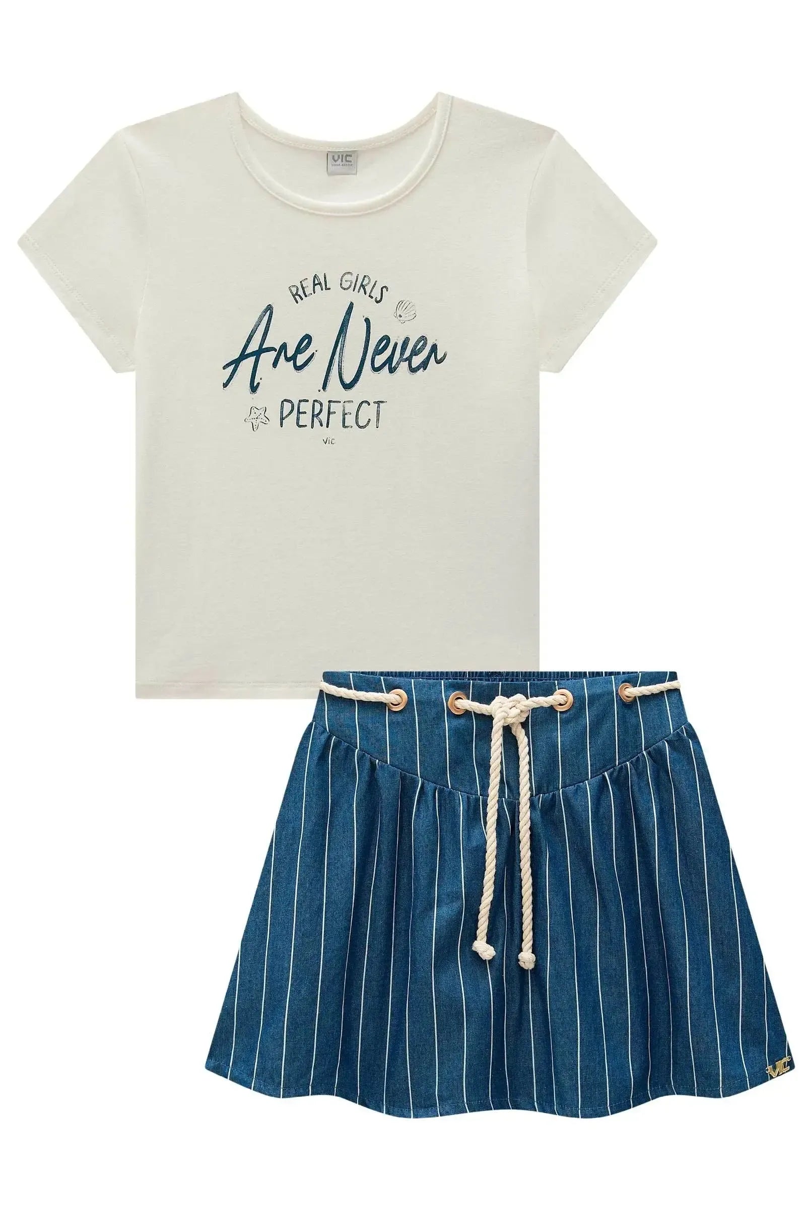Conjunto de Blusa em Cotton e Saia em Denim Listrado com Shorts Embutido 98201 Vic Teen Menina