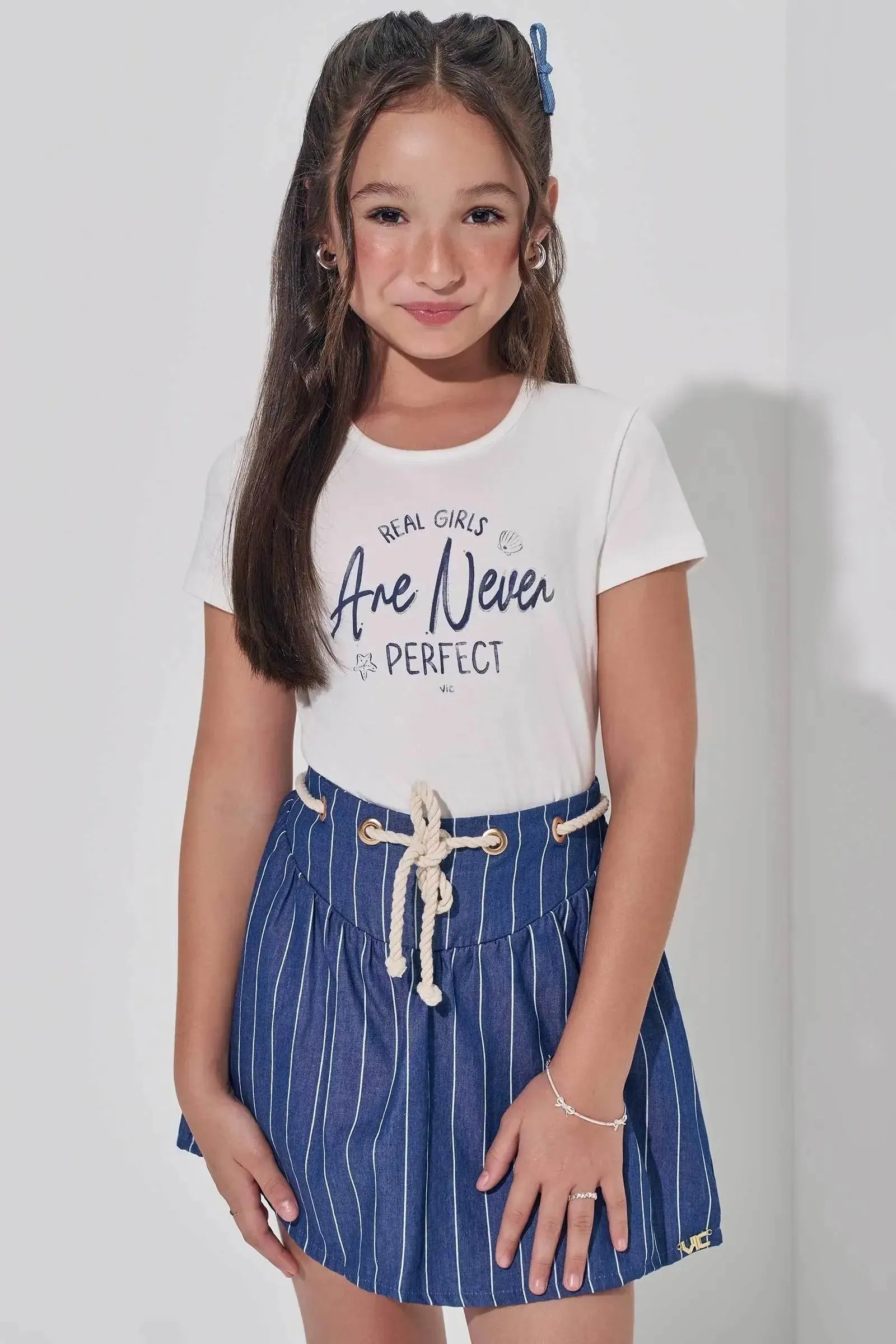 Conjunto de Blusa em Cotton e Saia em Denim Listrado com Shorts Embutido 98201 Vic Teen Menina