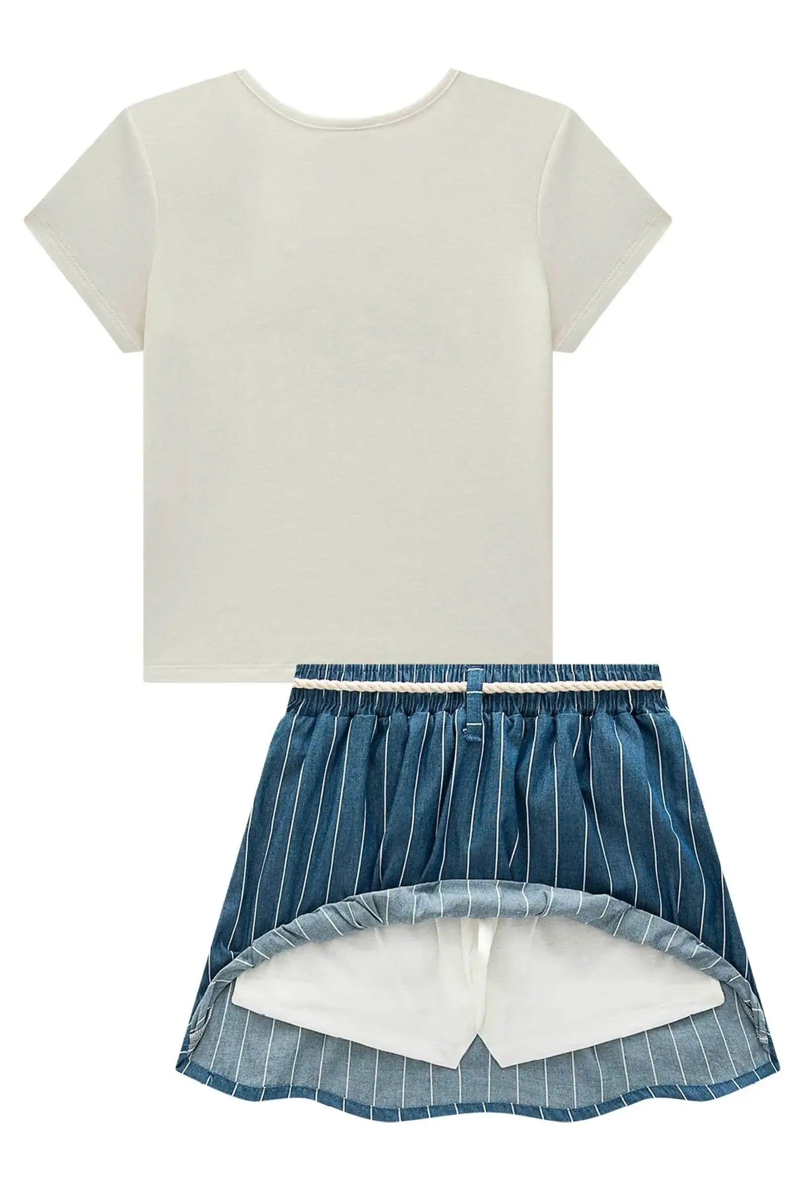 Conjunto de Blusa em Cotton e Saia em Denim Listrado com Shorts Embutido 98201 Vic Teen Menina