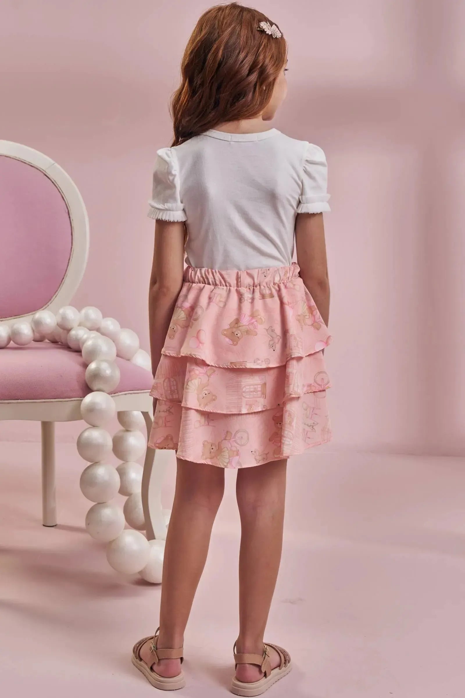 Conjunto de Blusa em Cotton e Saia em Light Peach (com Shorts Embutido) 96520 Kukiê Infantil Menina