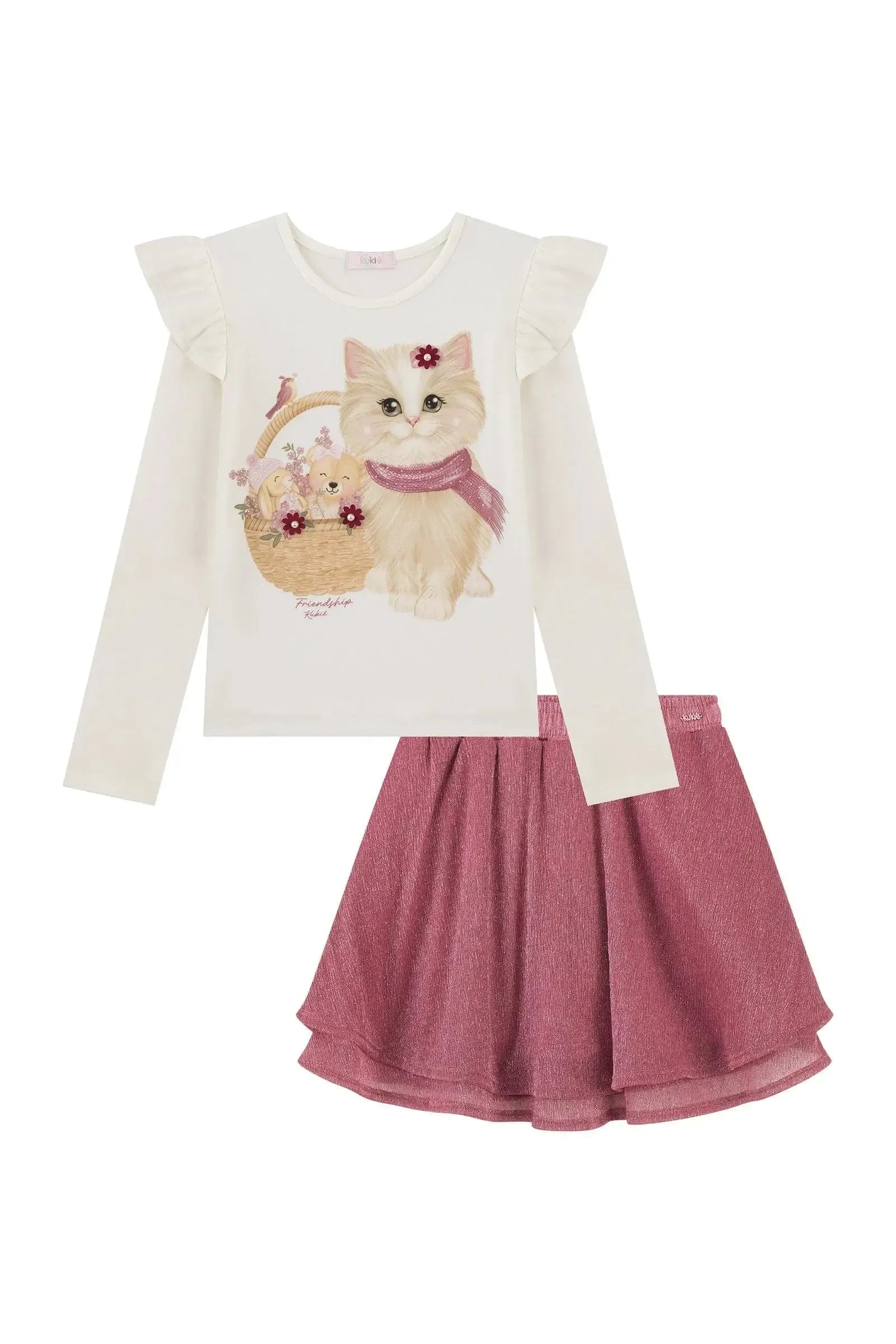 Conjunto de Blusa em Cotton e Saia em Malha Plissada Acetinada (com Shorts Embutido) 93191 Kukiê Infantil Menina