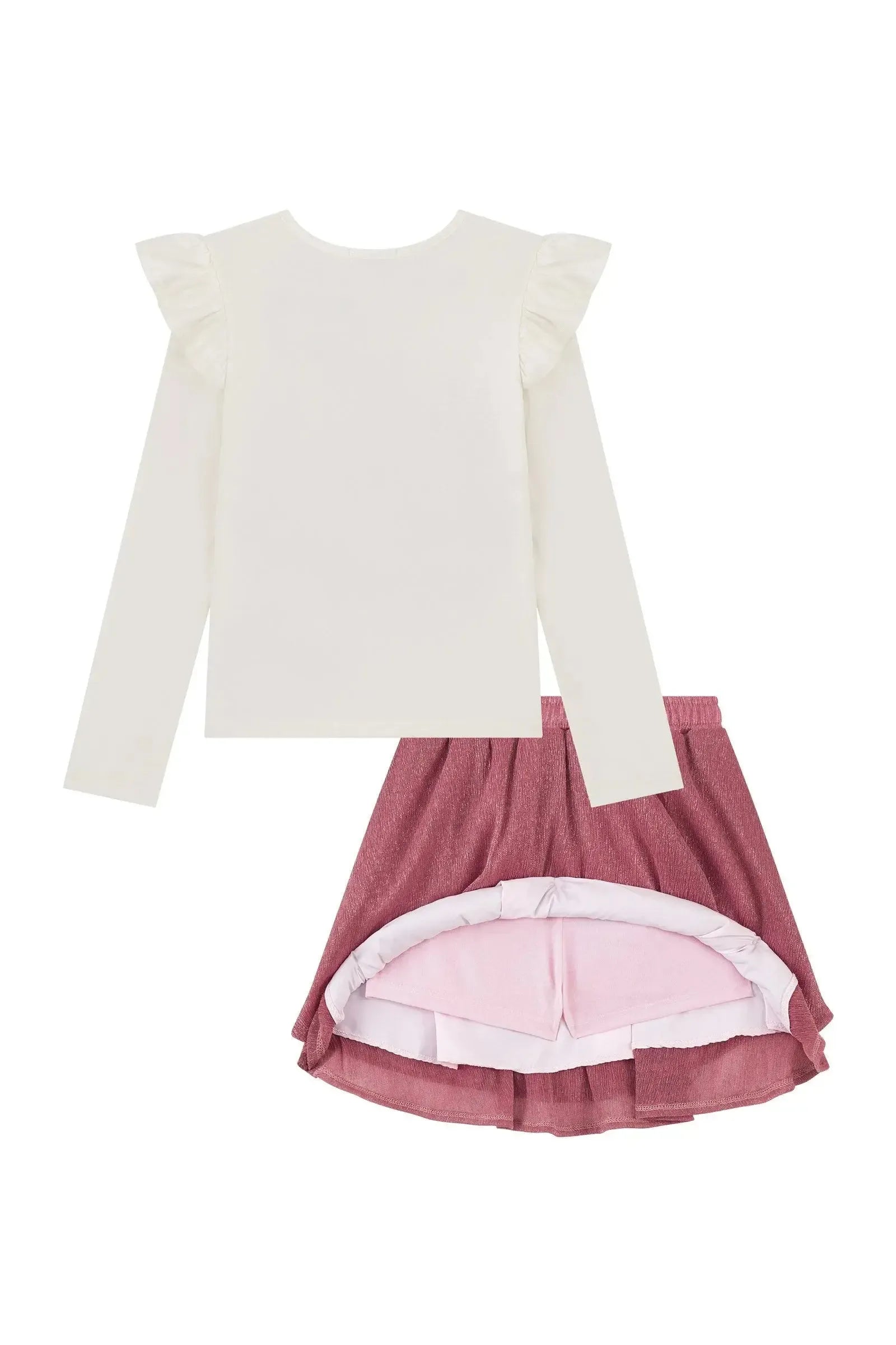 Conjunto de Blusa em Cotton e Saia em Malha Plissada Acetinada (com Shorts Embutido) 93191 Kukiê Infantil Menina