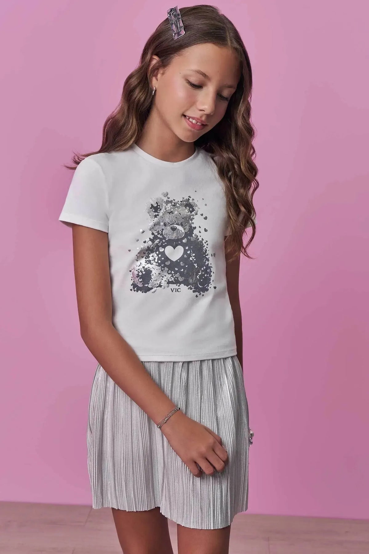 Conjunto de Blusa em Cotton e Saia em Plissado com Shorts Embutido 98524 Vic Teen Menina