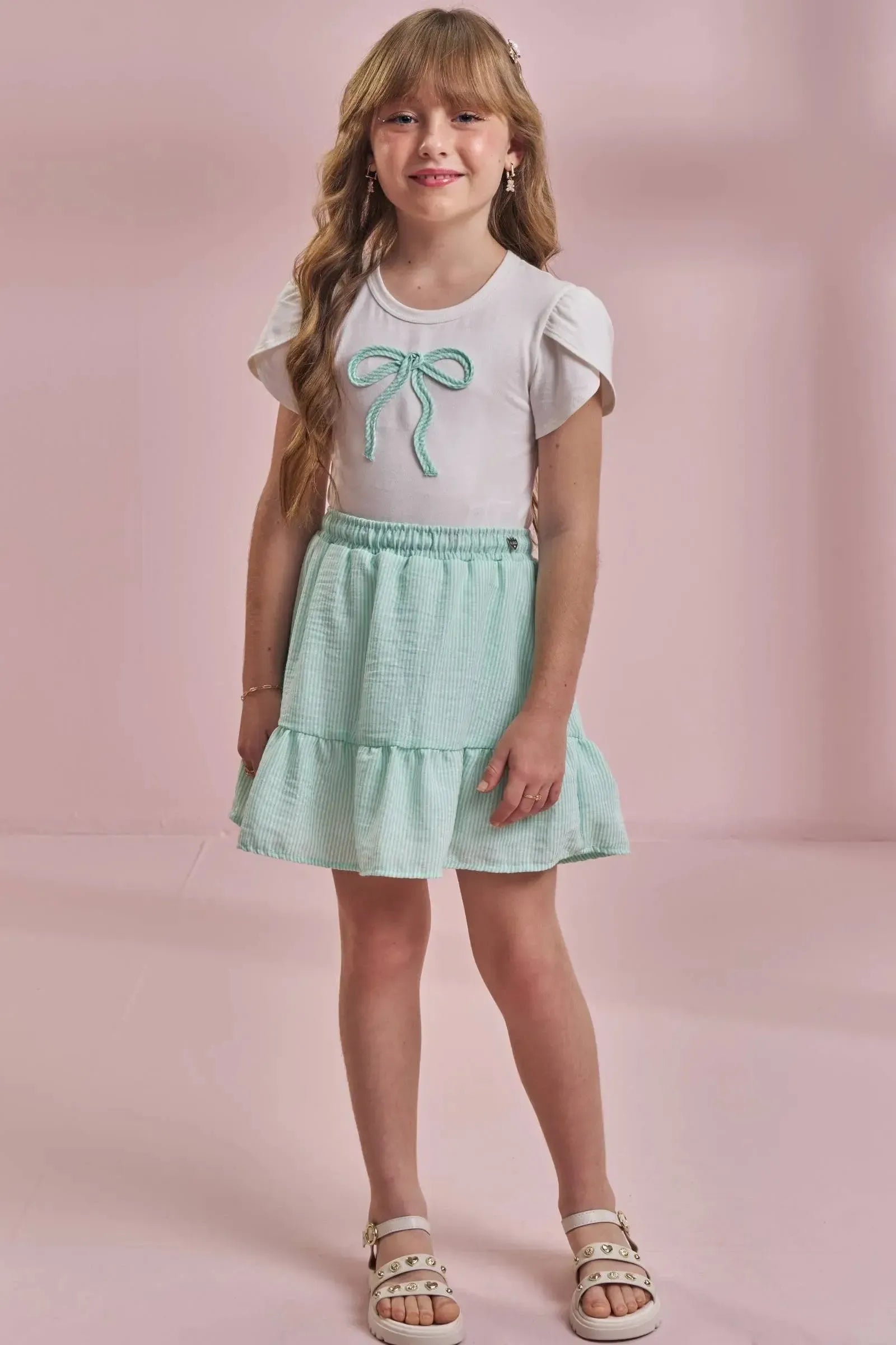 Conjunto de Blusa em Cotton e Saia em Tricoline Listrado 96431 Kukiê Infantil Menina