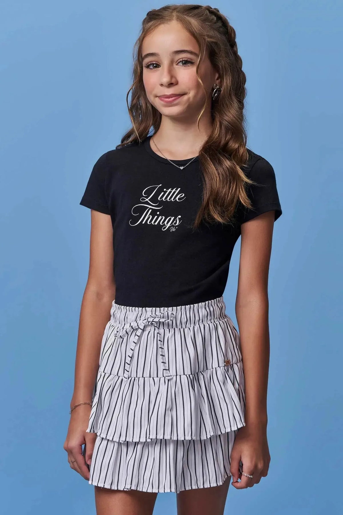 Conjunto de Blusa em Cotton e Saia em Tricoline Listrado com Shorts Embutido 98512 Vic Teen Menina