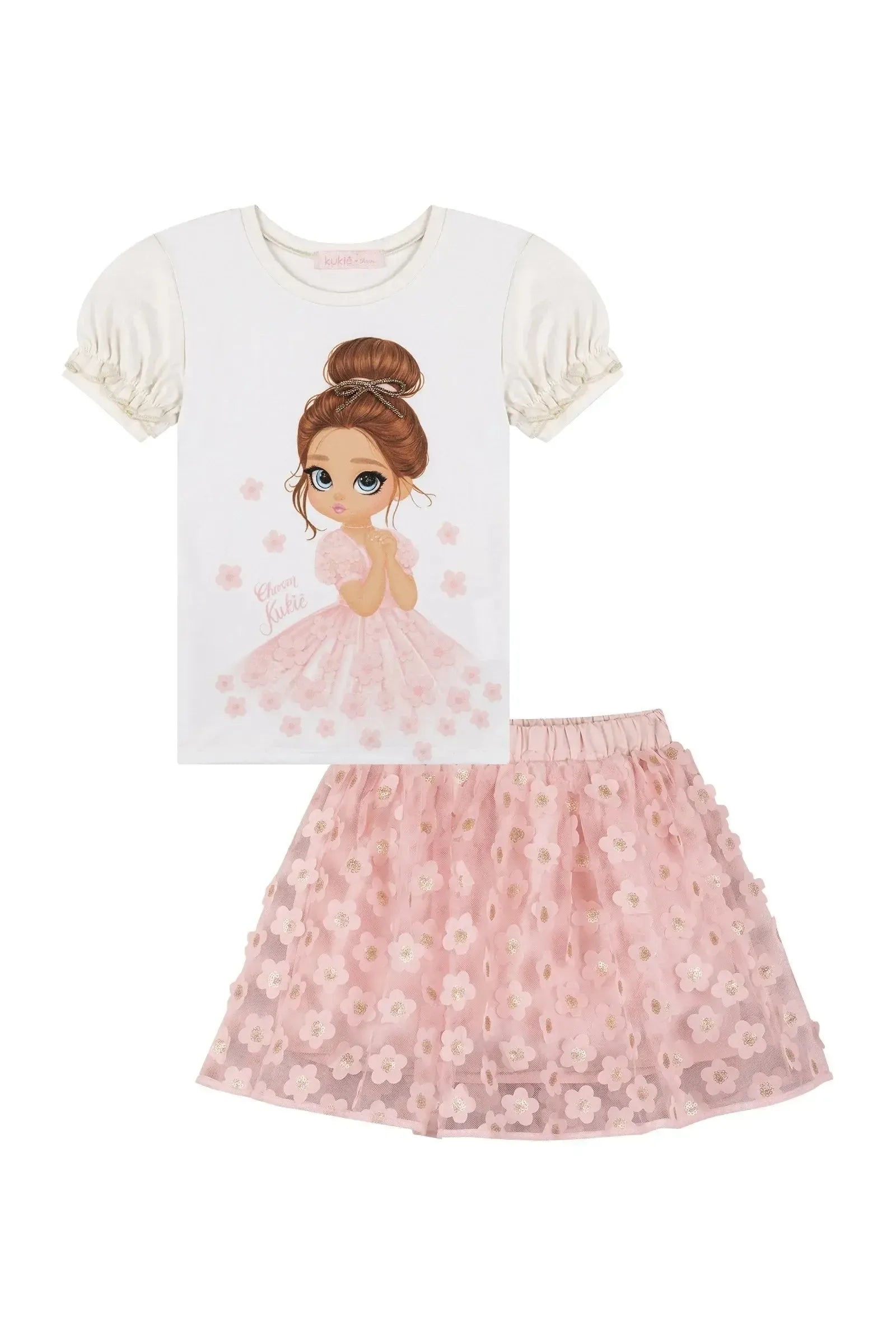 Conjunto de Blusa em Cotton e Saia em Tule Bordado Flores com Shorts Embutido 87329 Kukiê Infantil Menina