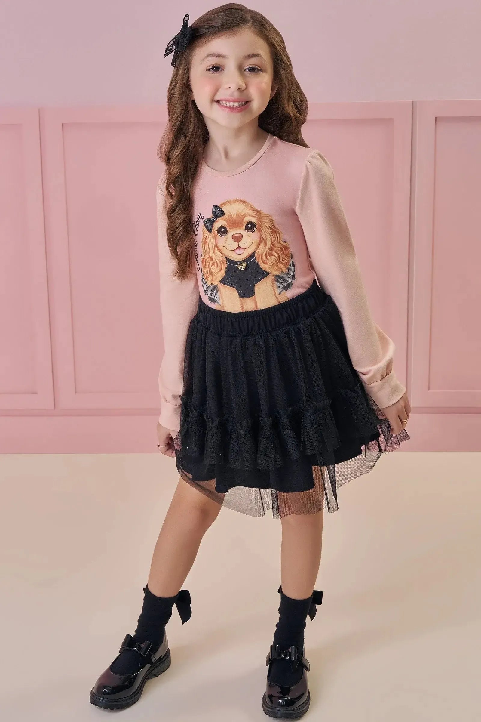 Conjunto de Blusa em Cotton e Saia em Tule com Elastano (com Shorts Embutido) 91832 Kukiê Infantil Menina