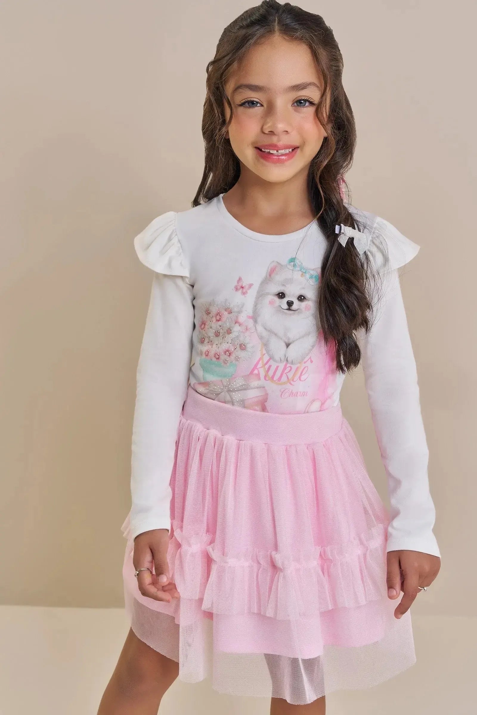 Conjunto de Blusa em Cotton e Saia em Tule com Elastano (com Shorts Embutido) 91863 Kukiê Infantil Menina