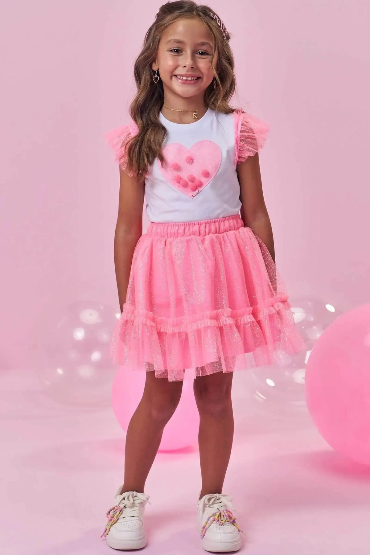 Conjunto de Blusa em Cotton e Saia em Tule (com Shorts Embutido) 99419 Kukiê Infantil Menina