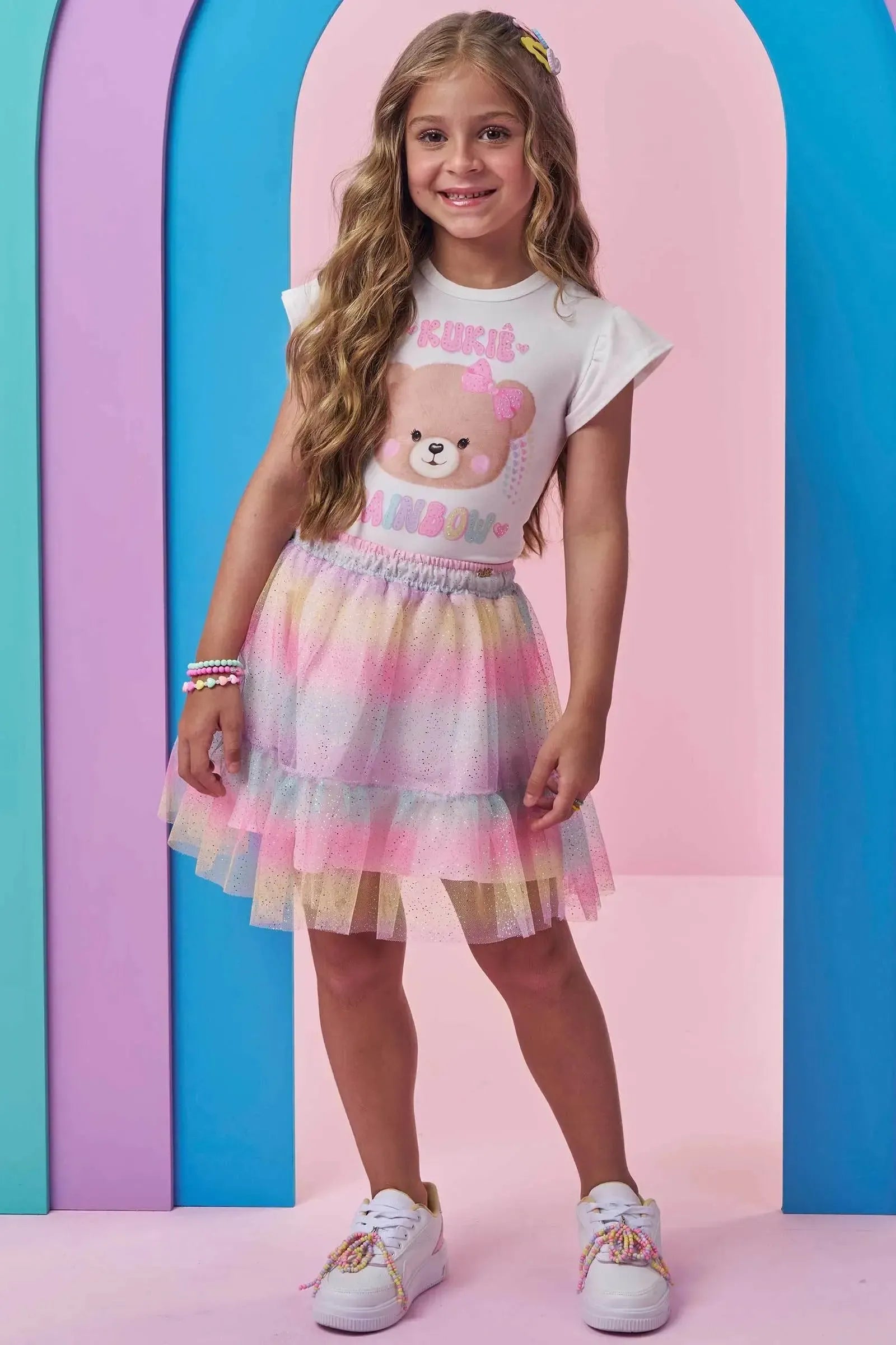 Conjunto de Blusa em Cotton e Saia em Tule (com Shorts Embutido) 99428 Kukiê Infantil Menina