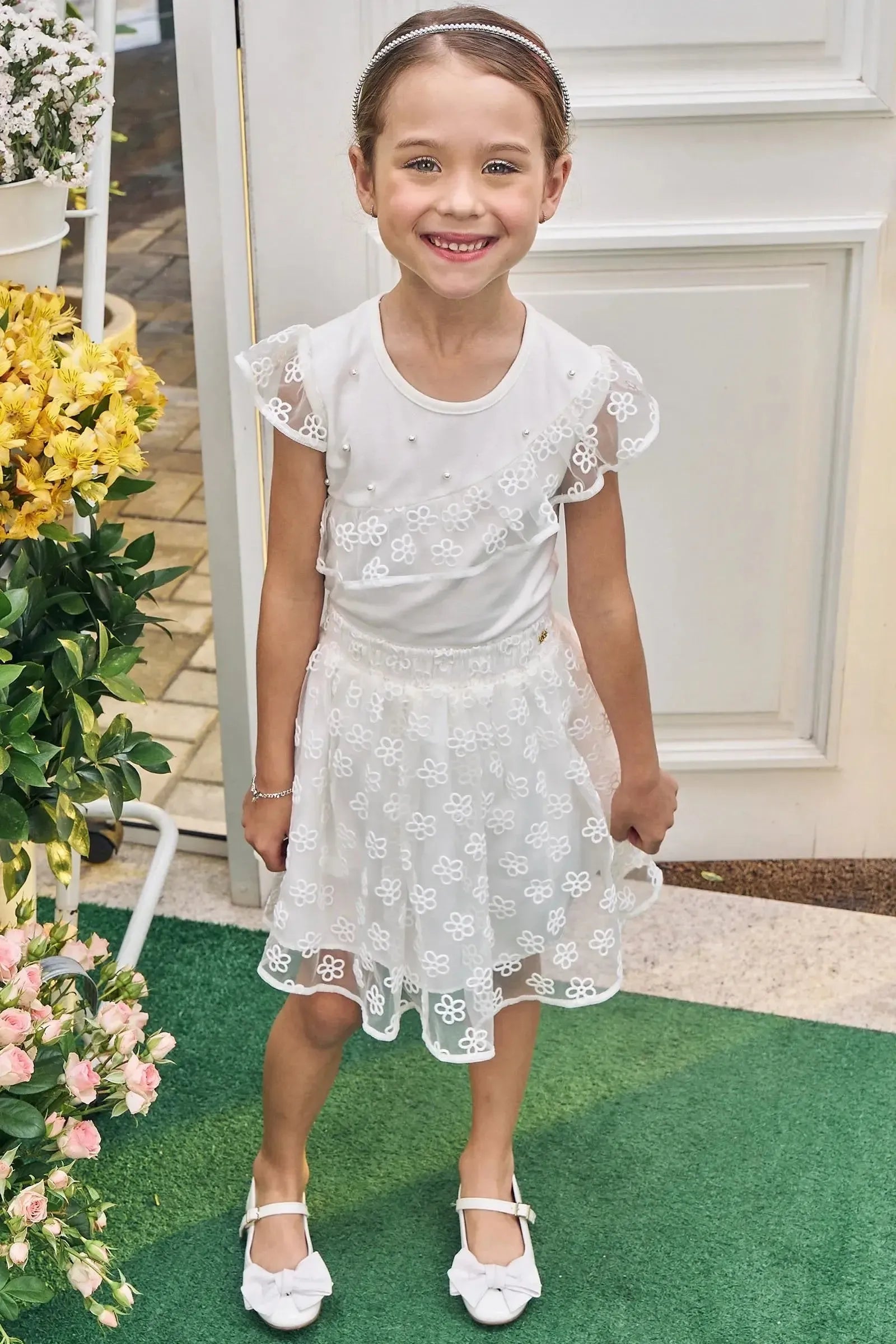 Conjunto de Blusa em Cotton e Saia em Tule Flocado (com Shorts Embutido) 83198 Kukiê Infantil Menina