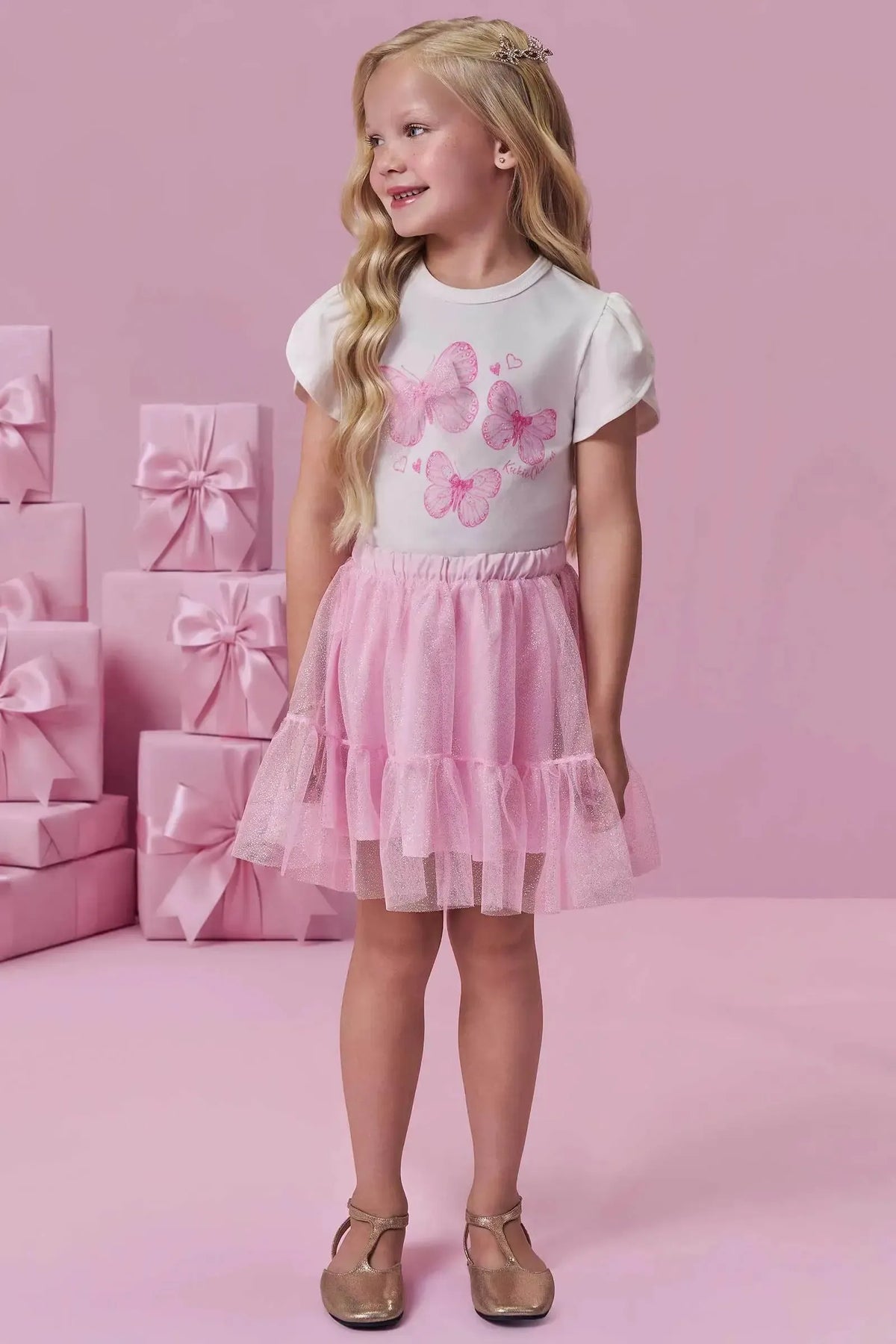 Conjunto de Blusa em Cotton e Saia em Tule Glitter (com Shorts Embutido) 98839 Kukiê Infantil Menina