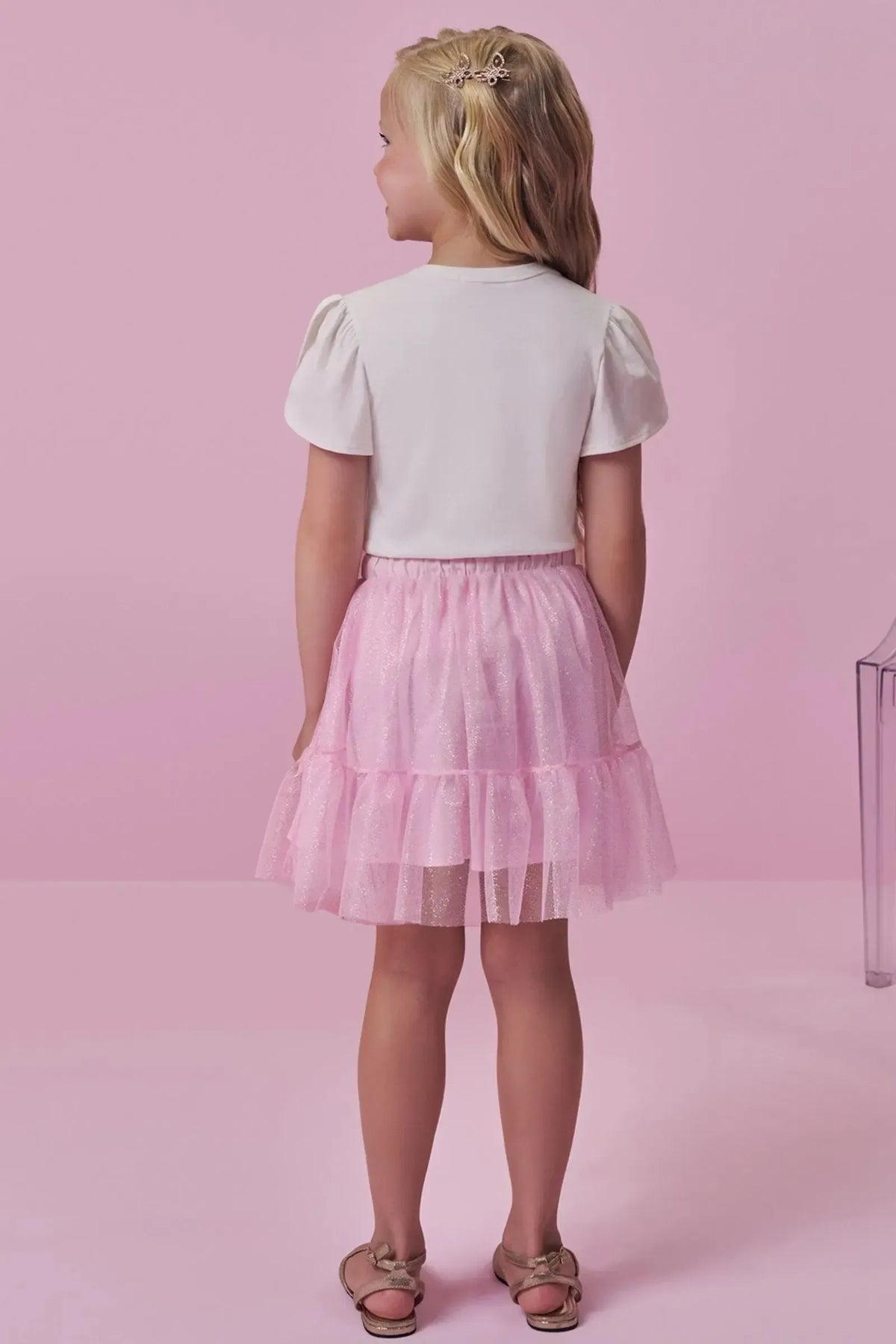Conjunto de Blusa em Cotton e Saia em Tule Glitter (com Shorts Embutido) 98839 Kukiê Infantil Menina
