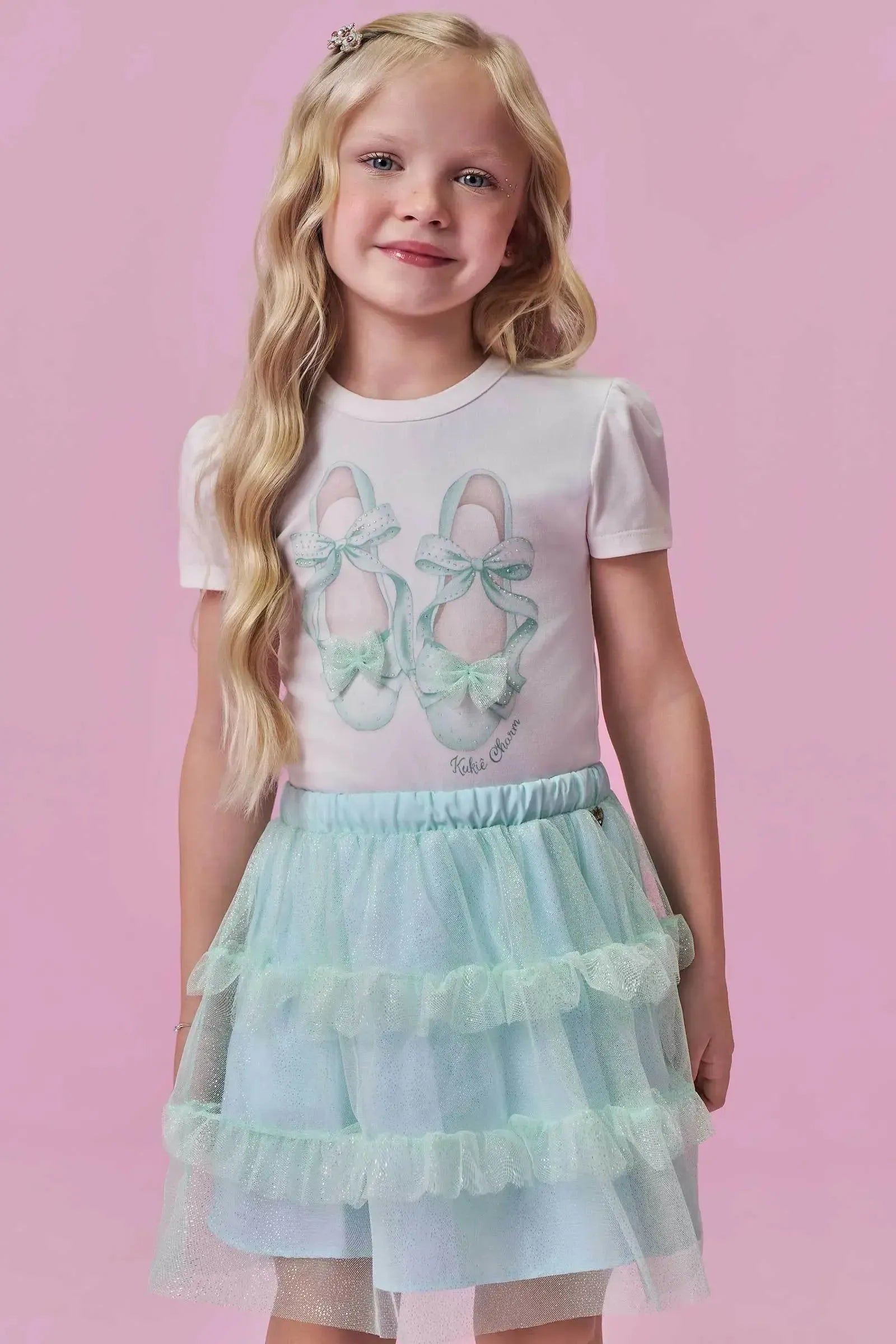 Conjunto de Blusa em Cotton e Saia em Tule Glitter (com Shorts Embutido) 98842 Kukiê Infantil Menina