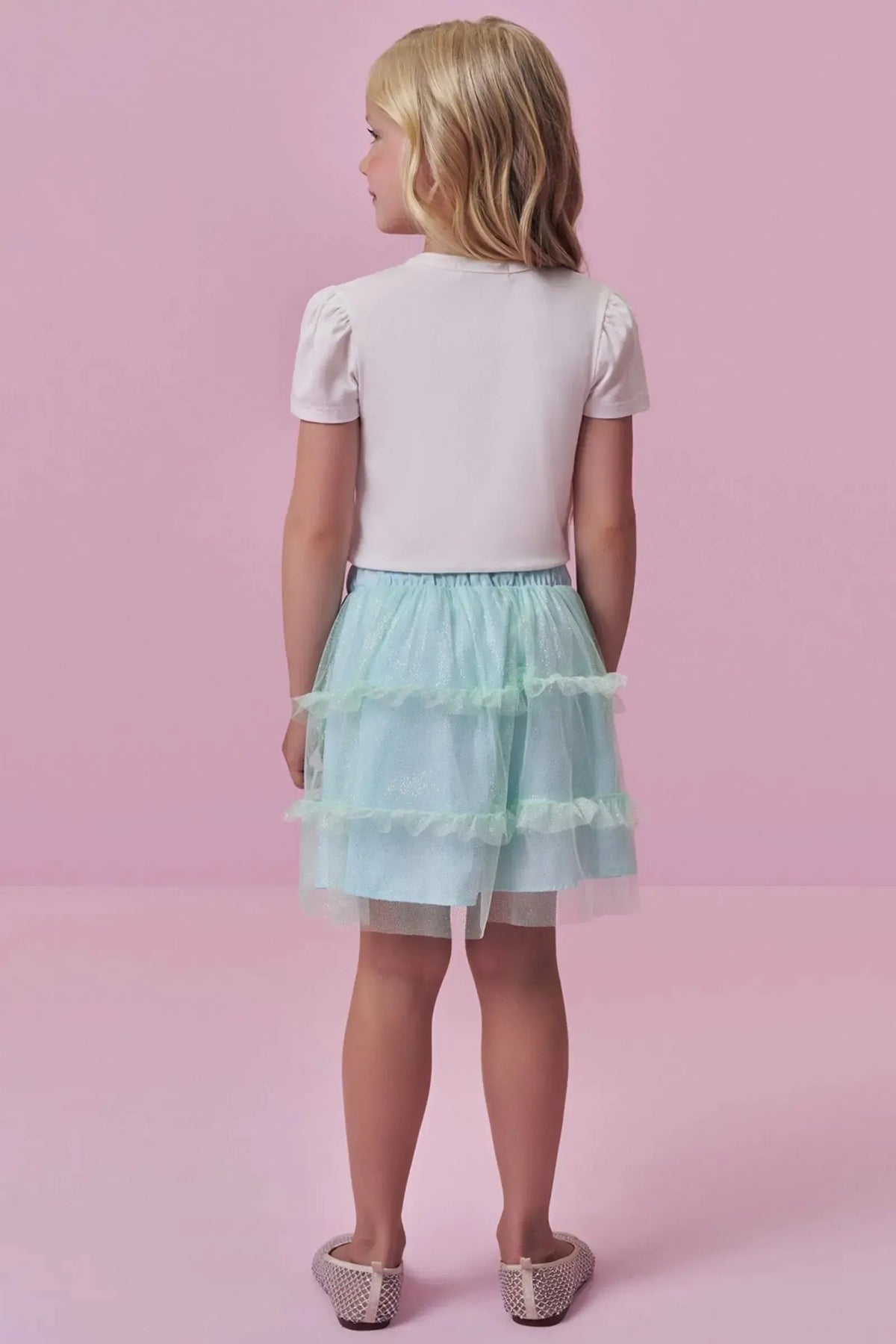 Conjunto de Blusa em Cotton e Saia em Tule Glitter (com Shorts Embutido) 98842 Kukiê Infantil Menina