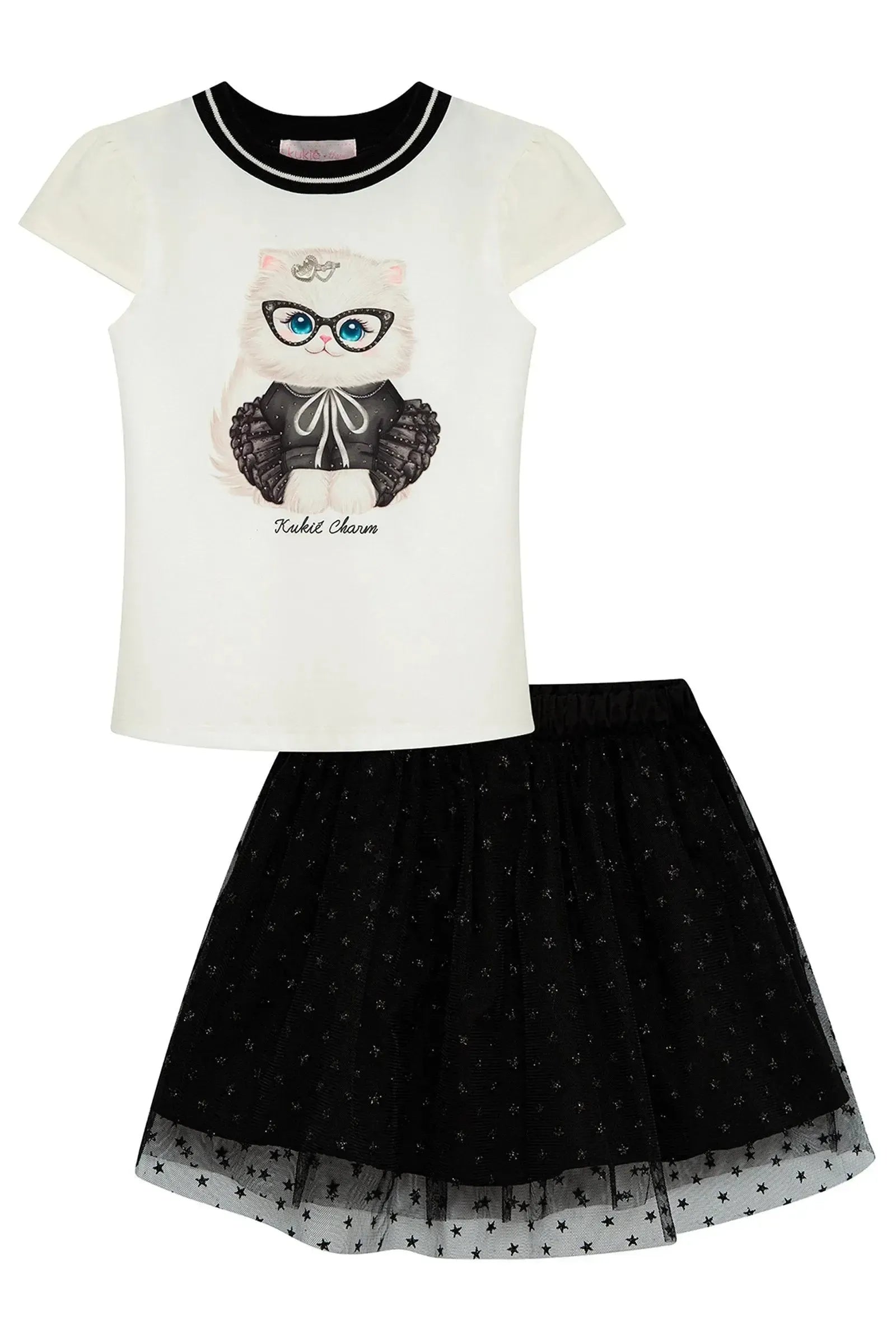 Conjunto de Blusa em Cotton e Saia em Tule Glitter Estrelas (com Shorts Embutido) 96789 Kukiê Infantil Menina