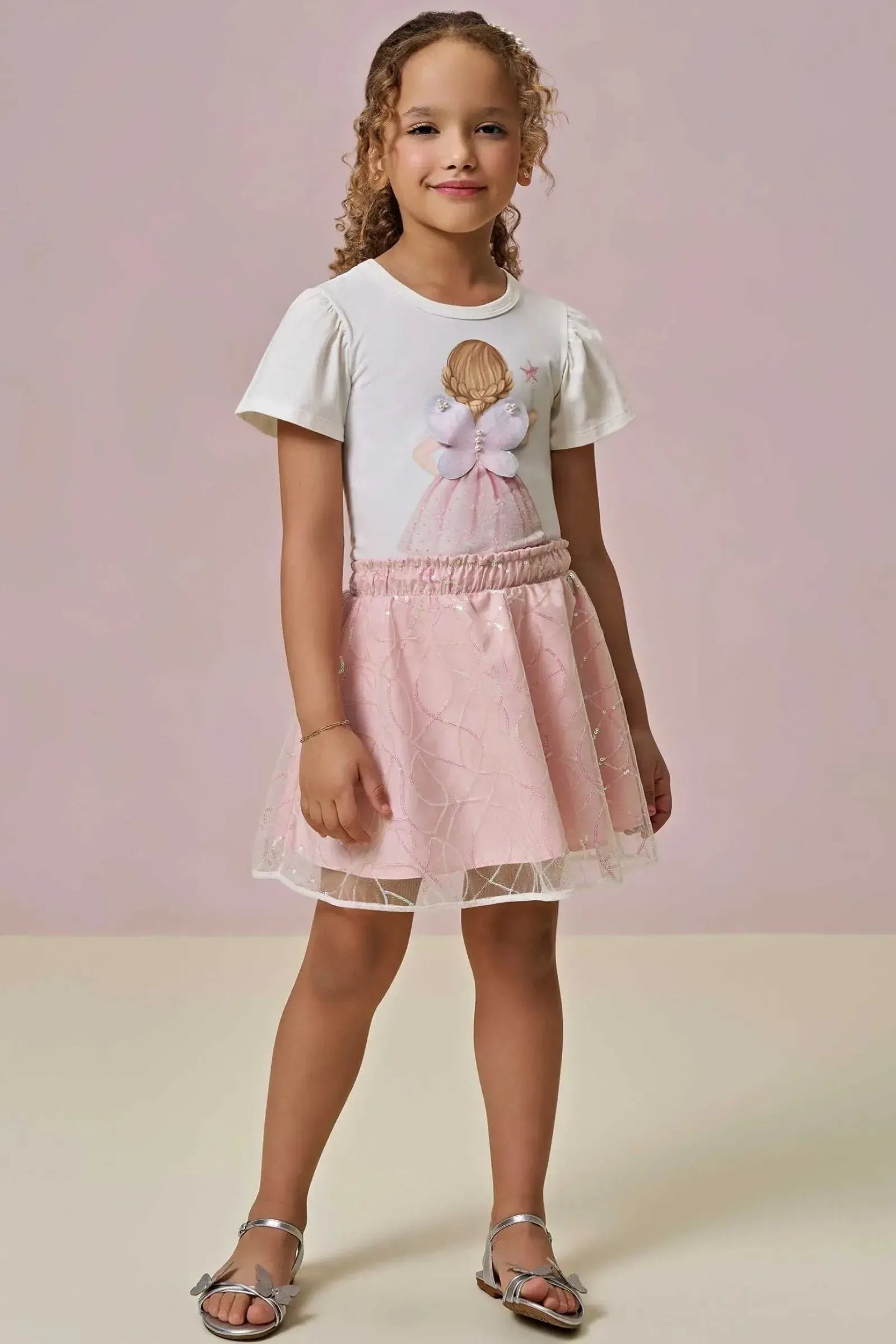 Conjunto de Blusa em Cotton e Saia em Tule Paetê. Com Shorts Embutido 95863 Infanti Infantil Menina