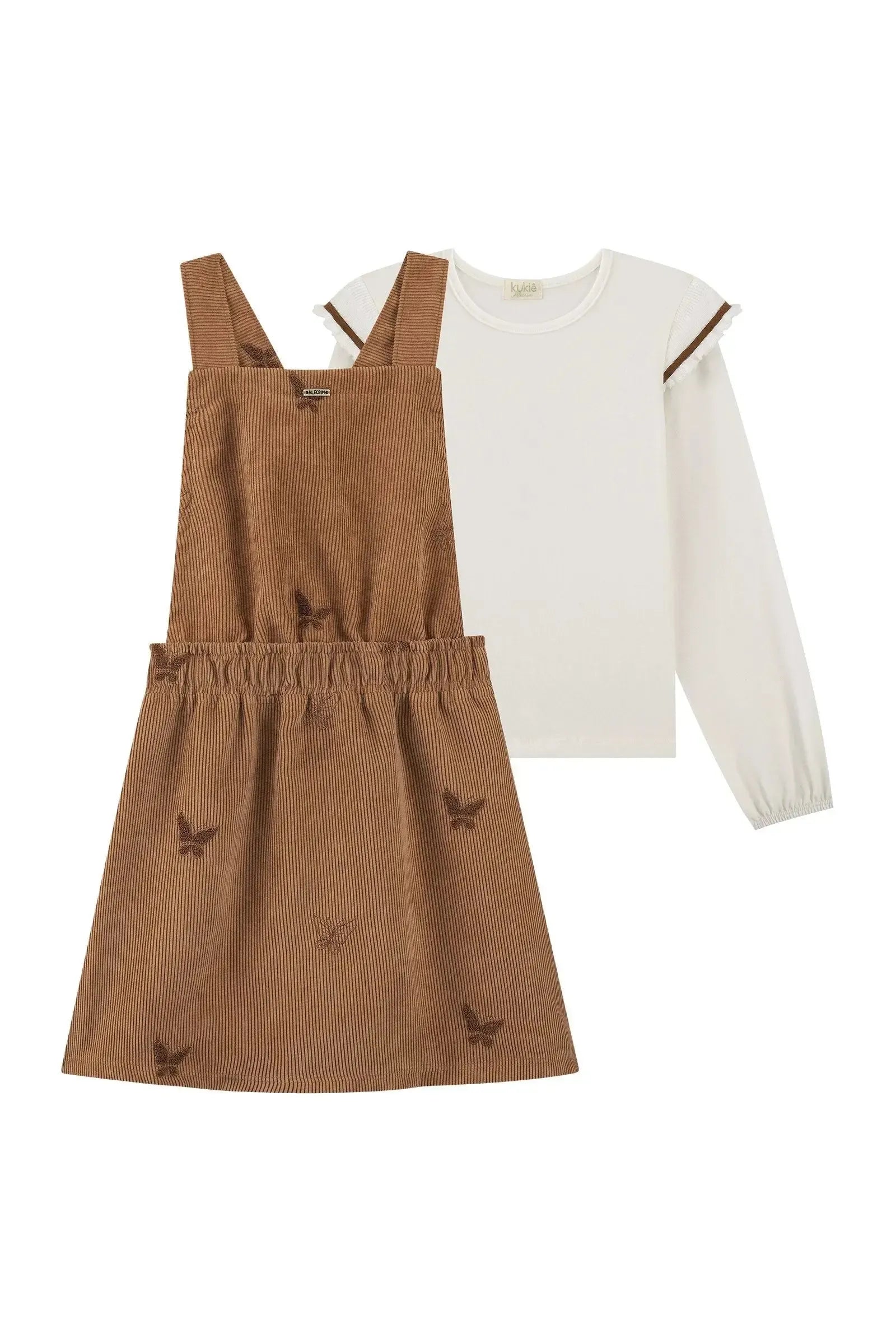 Conjunto de Blusa em Cotton e Salopete em Cotelê Bordado 92511 Kukiê Infantil Menina