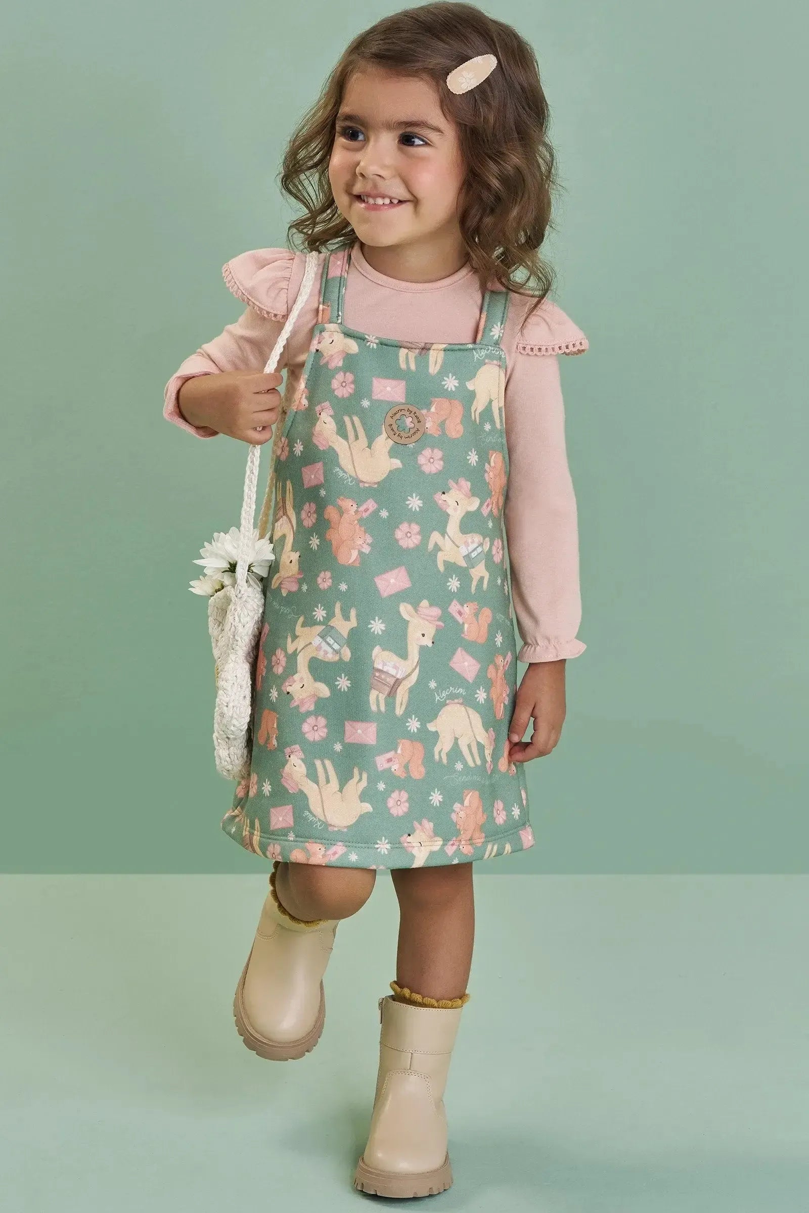 Conjunto de Blusa em Cotton e Salopete em Moletom com Pelúcia 90309 Kukiê Bebê Menina