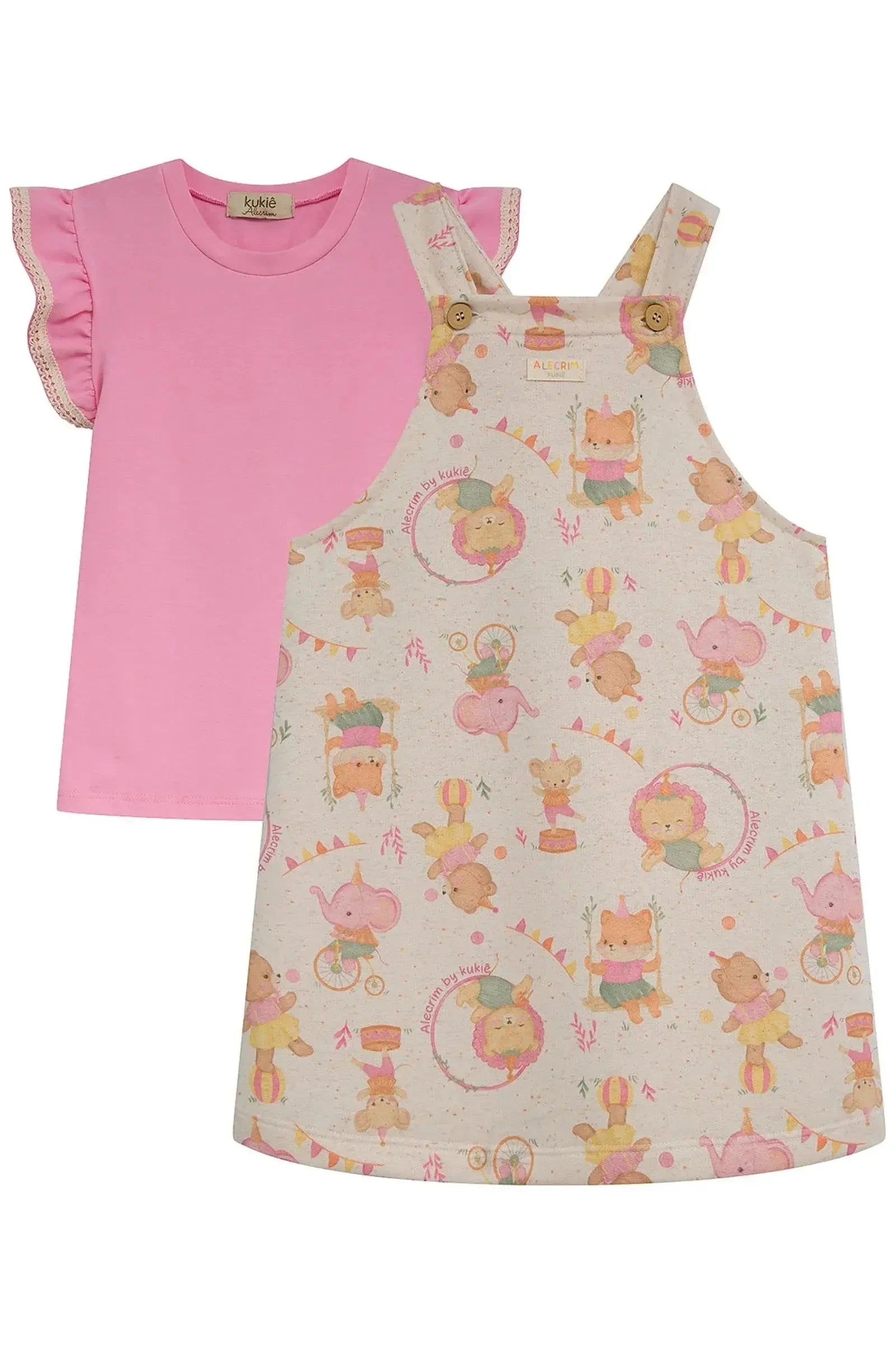 Conjunto de Blusa em Cotton e Salopete em Moletom Linho sem Pelúcia 96013 Kukiê Infantil Menina