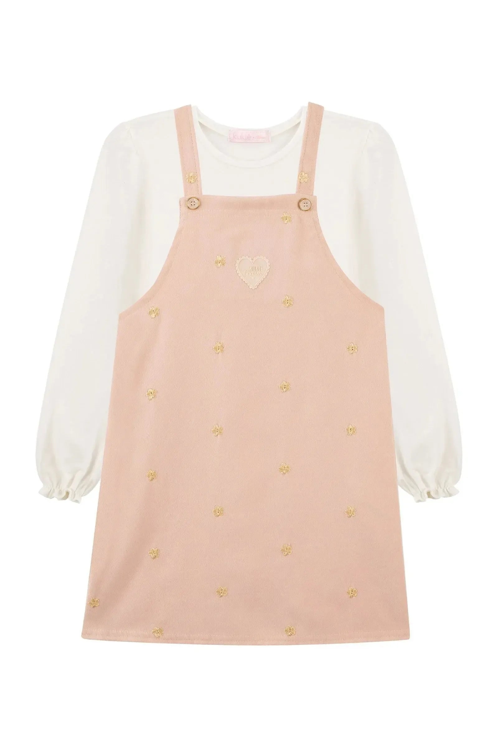 Conjunto de Blusa em Cotton e Salopete em Tecido Twill Bordado 92443 Kukiê Infantil Menina
