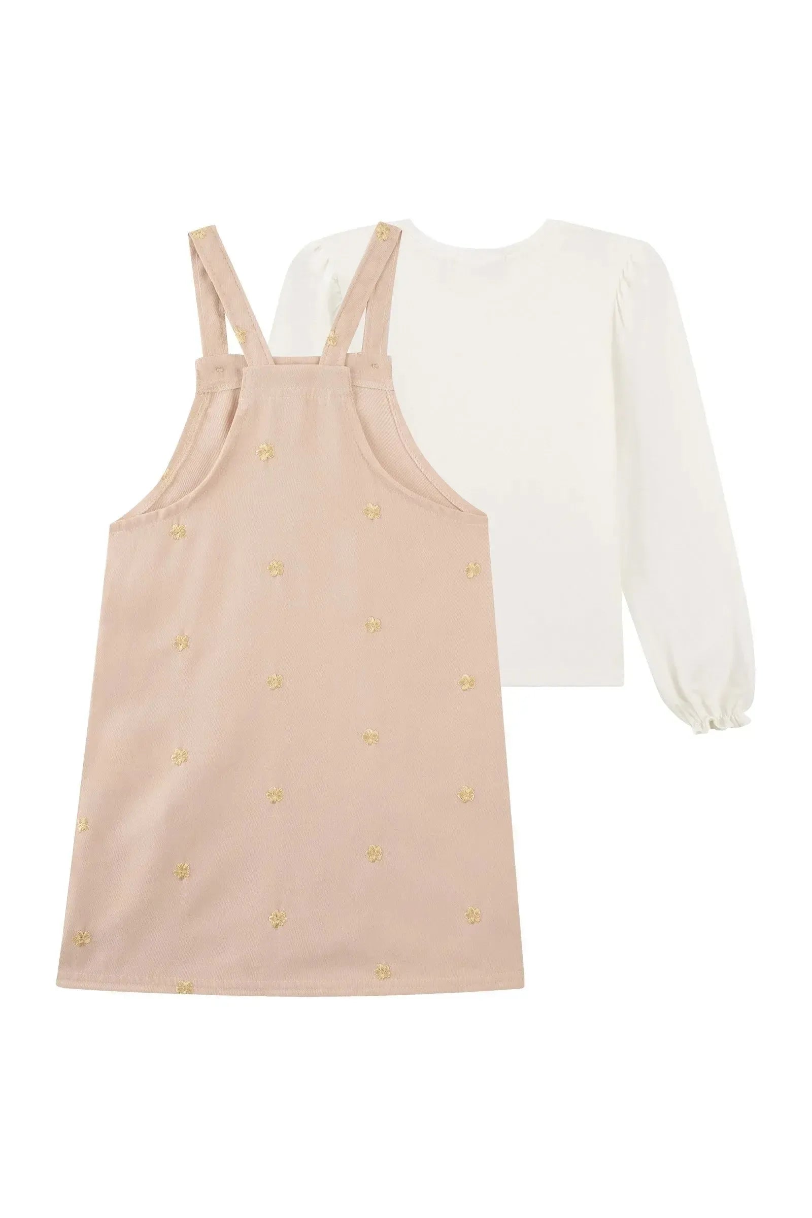 Conjunto de Blusa em Cotton e Salopete em Tecido Twill Bordado 92443 Kukiê Infantil Menina