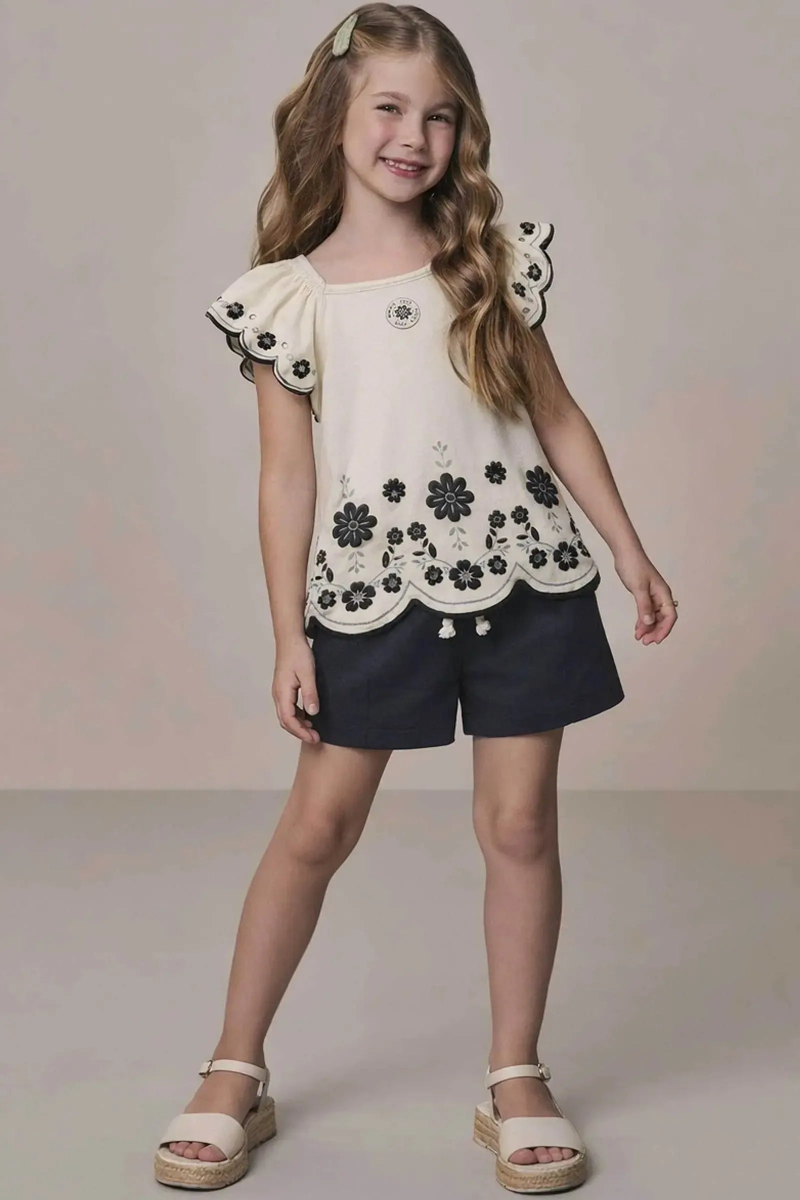 Conjunto de Blusa em Cotton e Short em Linho Santorini com Elastano 21812 Kukiê Infantil Menina