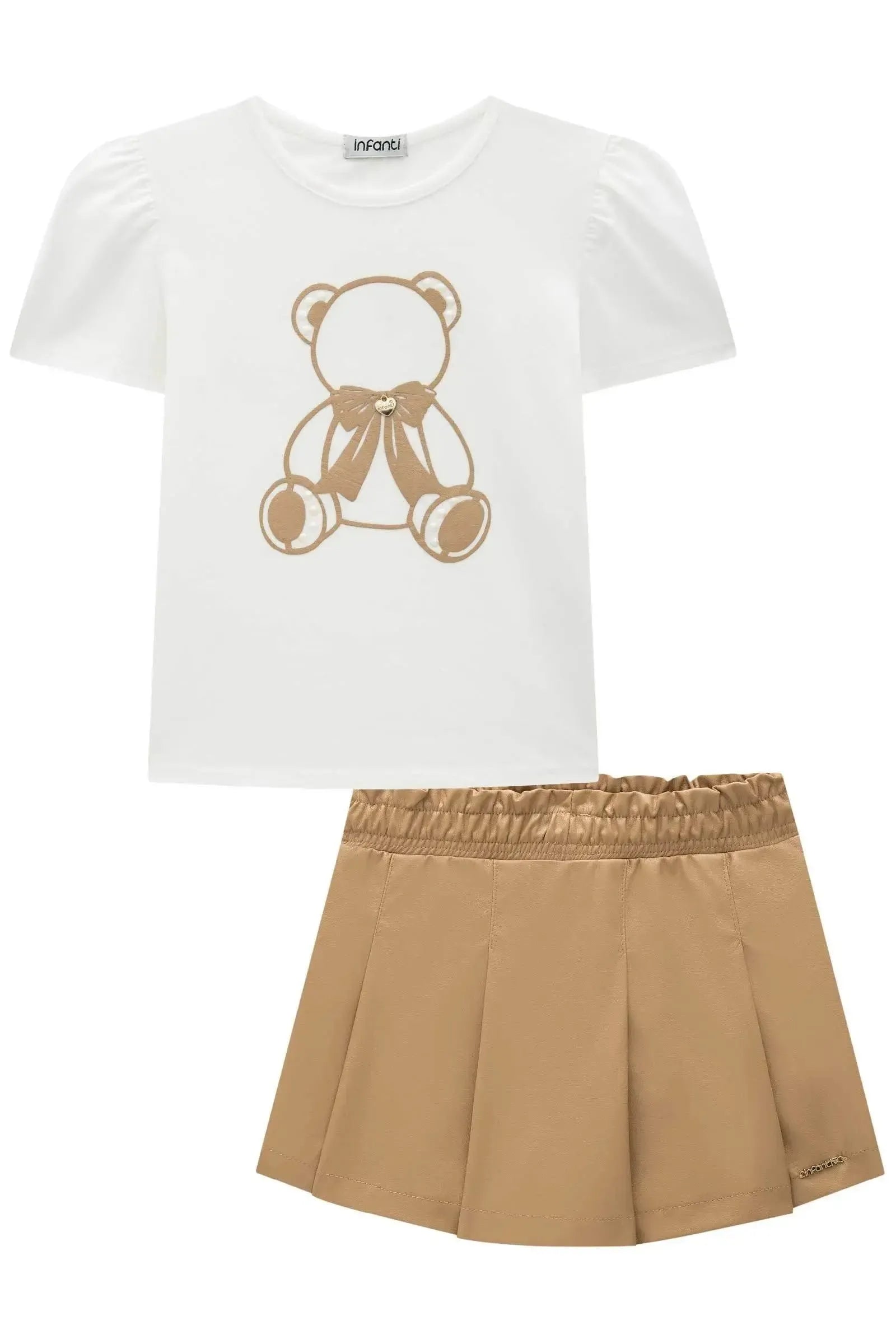 Conjunto de Blusa em Cotton e Short Saia em Couro Sintético 93642 Infanti Infantil Menina