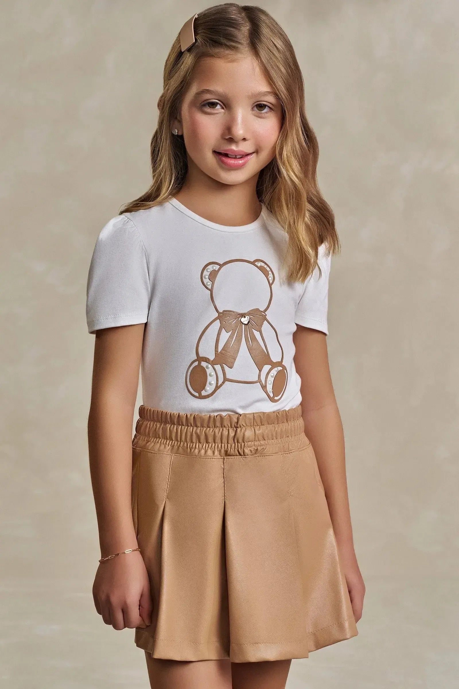 Conjunto de Blusa em Cotton e Short Saia em Couro Sintético 93642 Infanti Infantil Menina